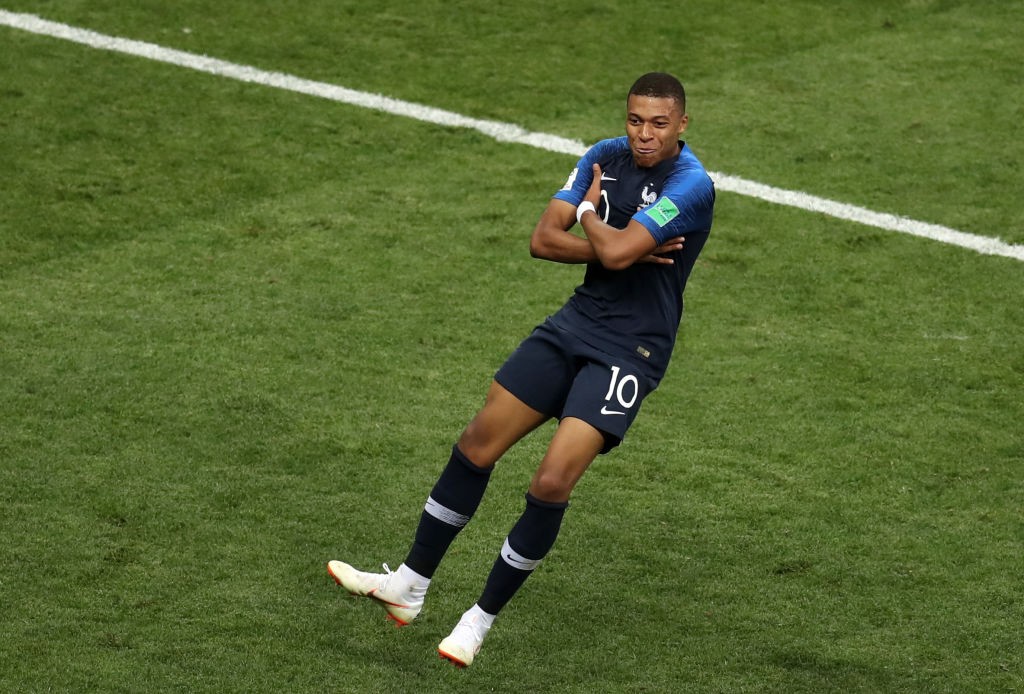 MOSCOW, RUSSIA - JULY 15: Kylian Mbappe of France celebrates after scoring his team's fourth goal during the 2018 FIFA World Cup Russia Final between France and Croatia at Luzhniki Stadium on July 15, 2018 in Moscow, Russia. (Photo by Catherine Ivill/Getty Images)