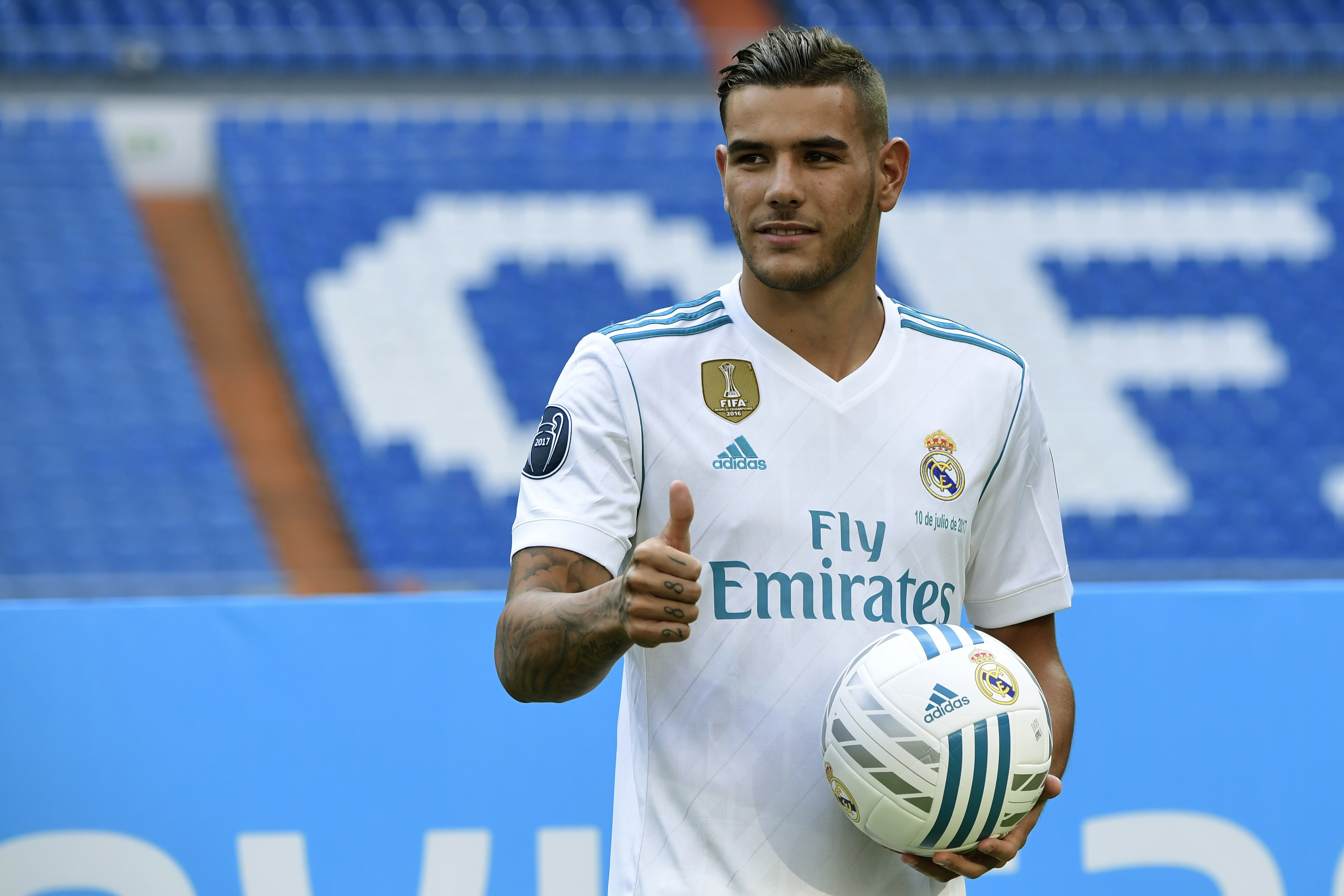 Real Madrid's French new player Theo Hernandez poses during his presentation at the Santiago Bernabeu stadium in Madrid, on July 10, 2017. / AFP PHOTO / JAVIER SORIANO        (Photo credit should read JAVIER SORIANO/AFP/Getty Images)