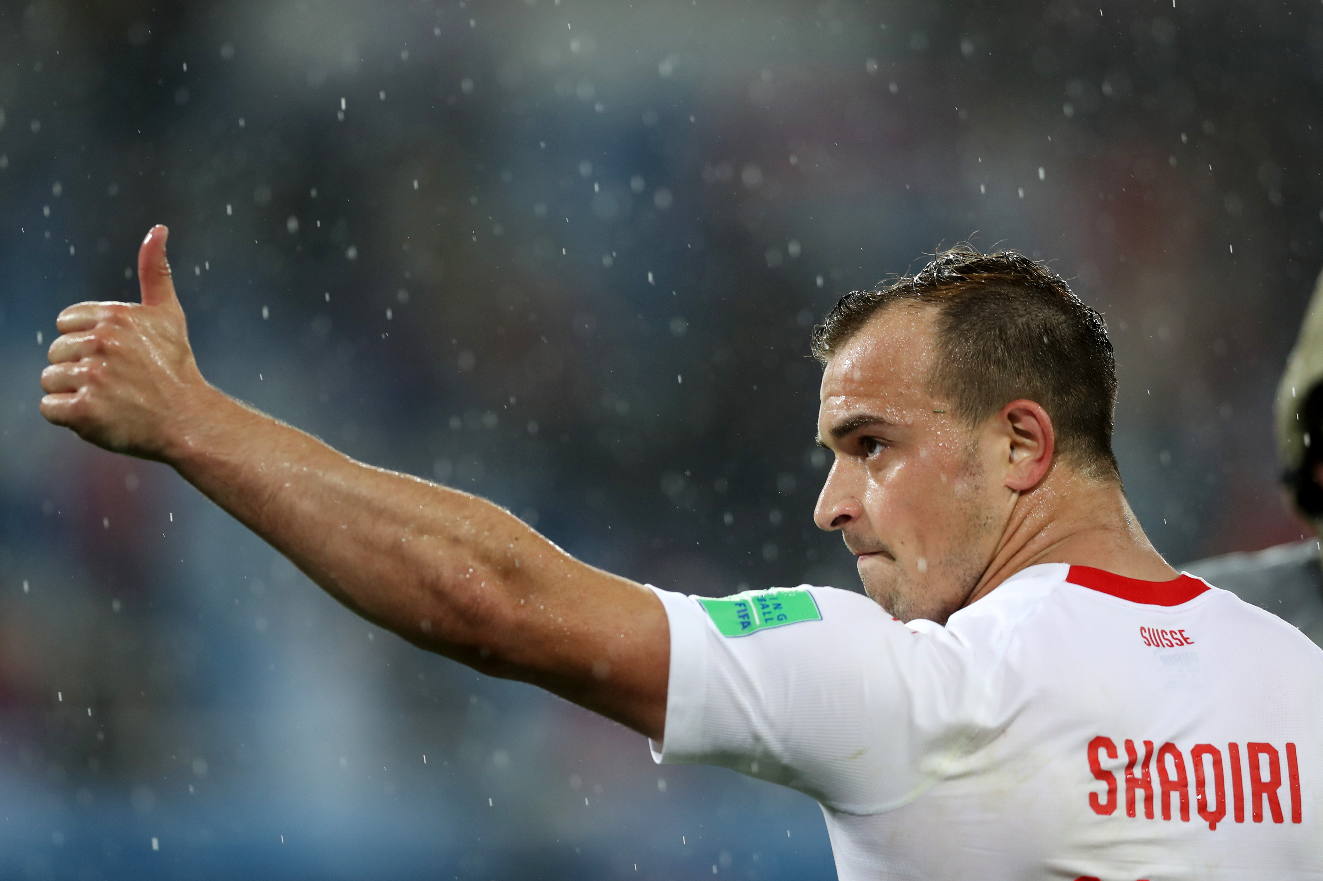 KALININGRAD, RUSSIA - JUNE 22:  Xherdan Shaqiri of Switzerland celebrates following his sides victory in the 2018 FIFA World Cup Russia group E match between Serbia and Switzerland at Kaliningrad Stadium on June 22, 2018 in Kaliningrad, Russia.  (Photo by Clive Rose/Getty Images)