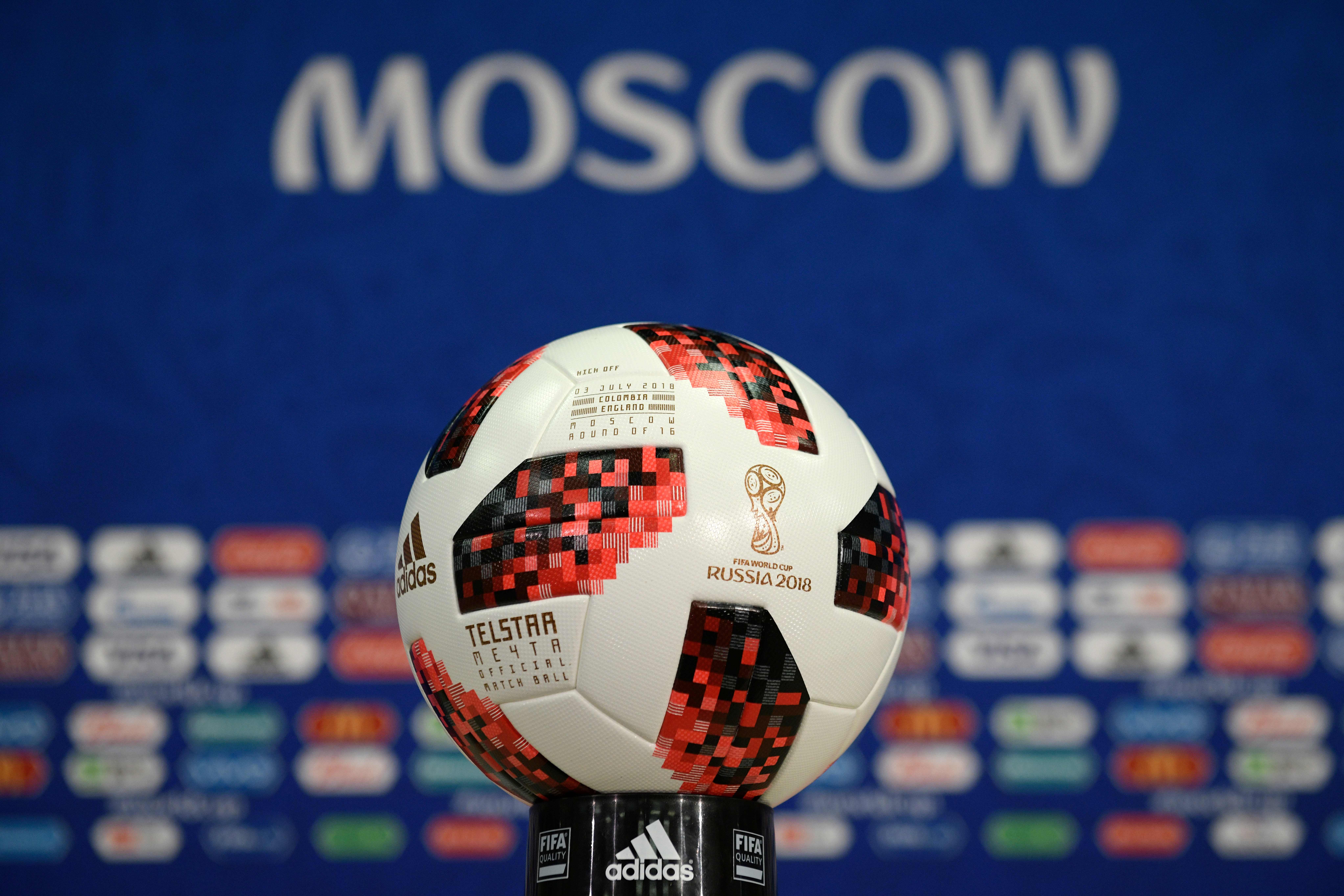 The official FIFA Russia 2018 World Cup football of the July 3's football match Colombia vs England is on display during a press conference of England at the Spartak Stadium in Moscow on July 2, 2018 on the eve of the Russia 2018 World Cup round of 16 football match between Colombia and England. (Photo by Juan Mabromata / AFP)        (Photo credit should read JUAN MABROMATA/AFP/Getty Images)