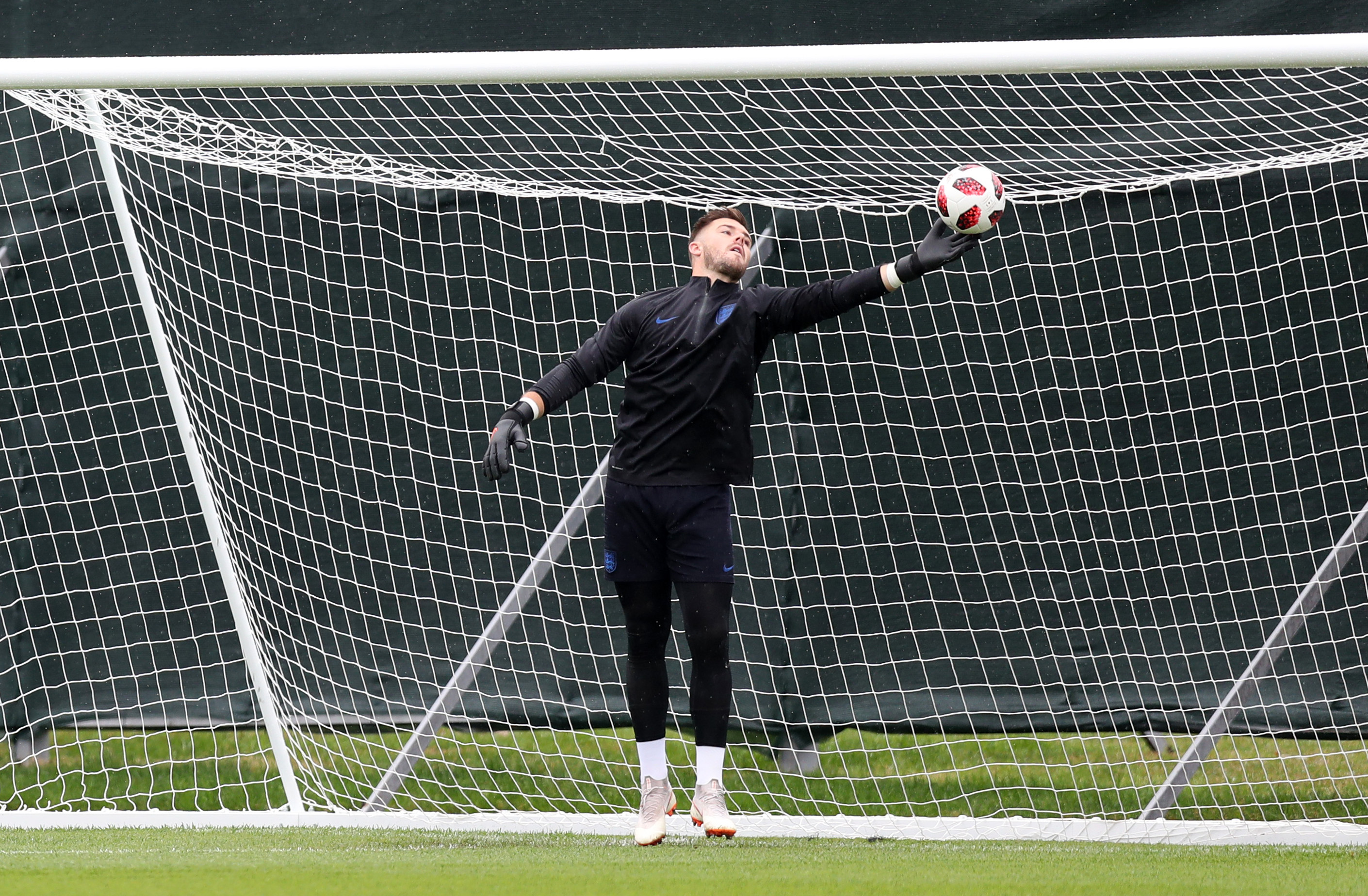 SAINT PETERSBURG, RUSSIA - JULY 04:  Jack Butland makes a save during an England training session on July 4, 2018 in Saint Petersburg, Russia.  (Photo by Alex Morton/Getty Images)