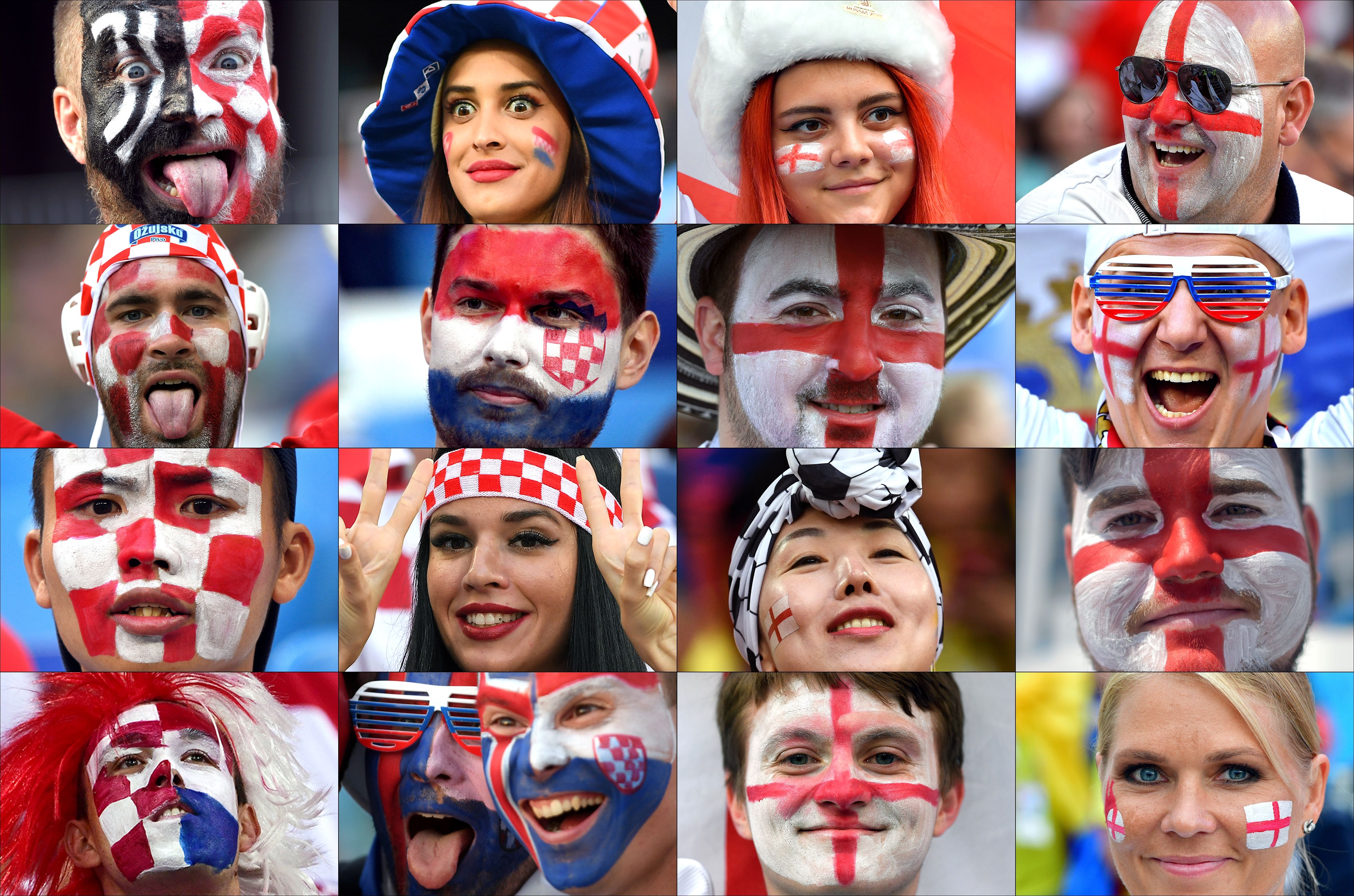 TOPSHOT - (COMBO) This combination of photos created on July 9, 2018 shows Croatia and England's fans supporting their team during the Russia 2018 World Cup football tournament. - Croatia and England will face each other on July 11, 2018 in Moscow for the Russia 2018 World Cup semi-final football match. (Photo by - / AFP)        (Photo credit should read -/AFP/Getty Images)