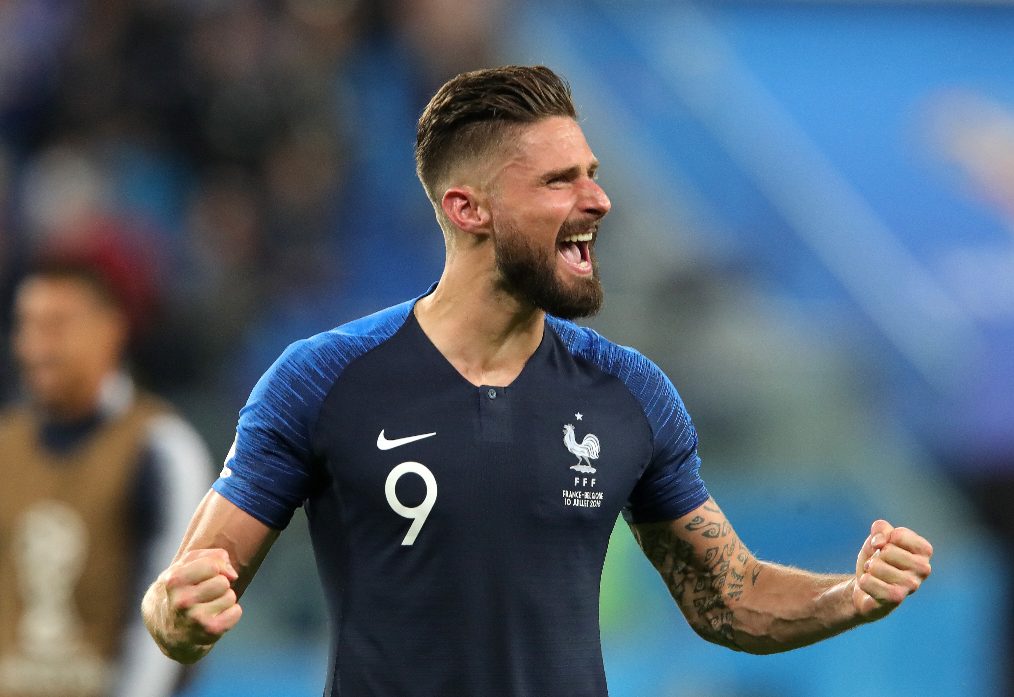 SAINT PETERSBURG, RUSSIA - JULY 10:  Olivier Giroud of France celebrates following his sides victory in the 2018 FIFA World Cup Russia Semi Final match between Belgium and France at Saint Petersburg Stadium on July 10, 2018 in Saint Petersburg, Russia.  (Photo by Alexander Hassenstein/Getty Images)