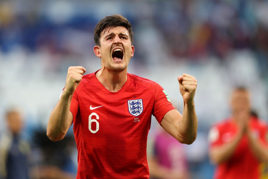 SAMARA, RUSSIA - JULY 07: Harry Maguire of England celebrates following his sides victory in the 2018 FIFA World Cup Russia Quarter Final match between Sweden and England at Samara Arena on July 7, 2018 in Samara, Russia. (Photo by Clive Rose/Getty Images)