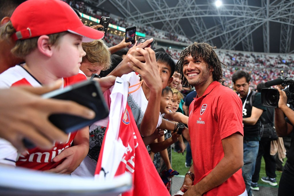 SINGAPORE - JULY 28: Mohamed Elneny #4 of Arsenal smiles during the International Champions Cup match between Arsenal and Paris Saint Germain at the National Stadium on July 28, 2018 in Singapore. (Photo by Thananuwat Srirasant/Getty Images for ICC)
