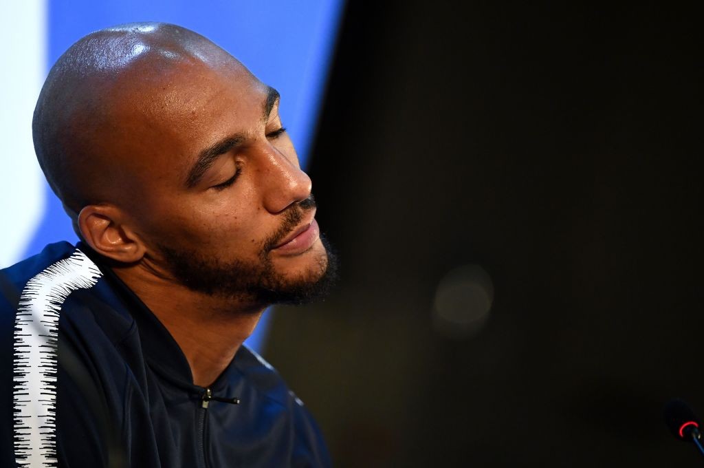 France's midfielder Steven N'Zonzi reacts as he speaks during a press conference at the press center in Istra, western Moscow on June 12, 2018, ahead of the Russia 2018 World Cup football tournament. (Photo by FRANCK FIFE / AFP) (Photo credit should read FRANCK FIFE/AFP/Getty Images)
