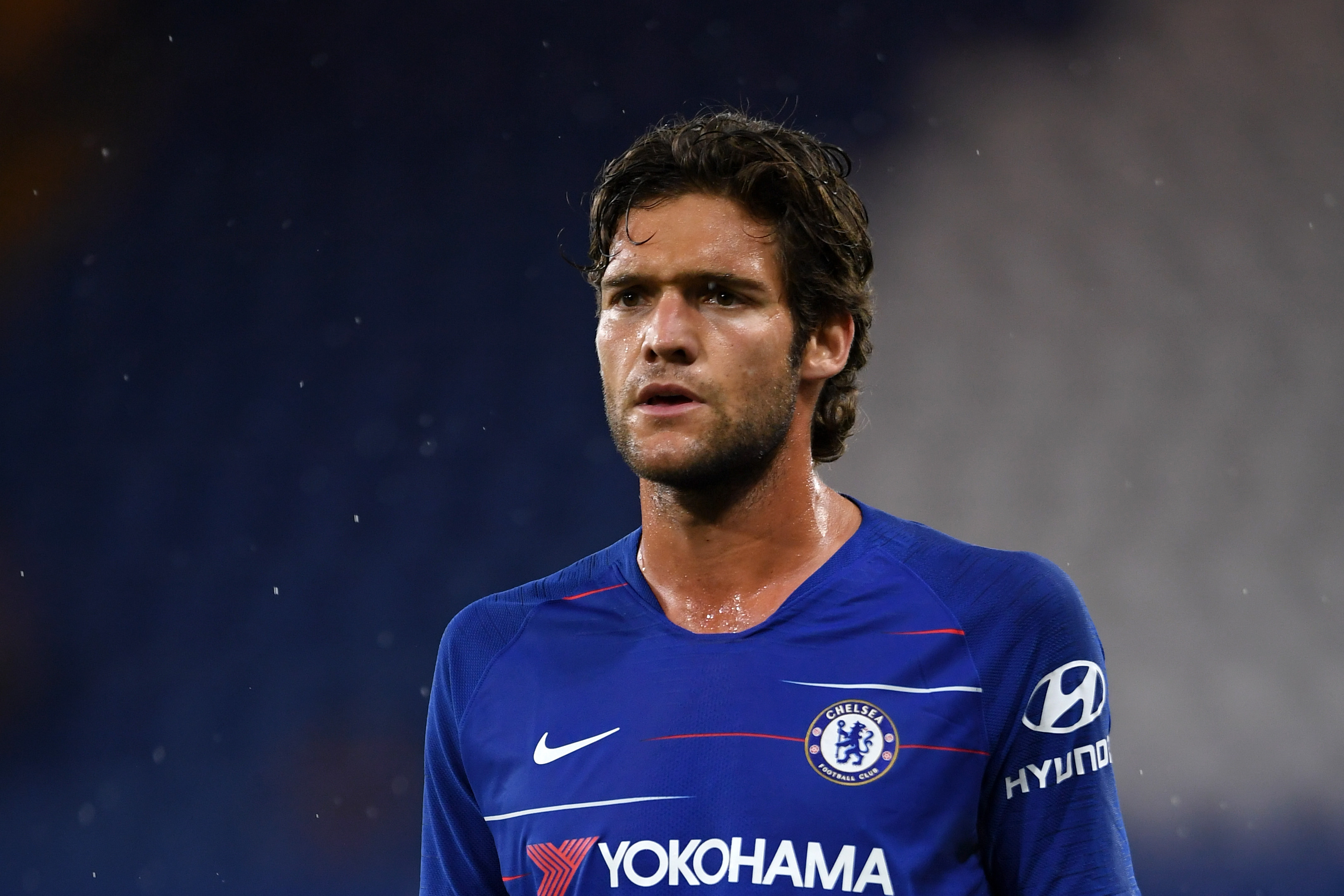LONDON, ENGLAND - AUGUST 07:  Marcos Alonso of Chelsea looks on during the pre-season friendly match between Chelsea and Lyon at Stamford Bridge on August 7, 2018 in London, England.  (Photo by Mike Hewitt/Getty Images)