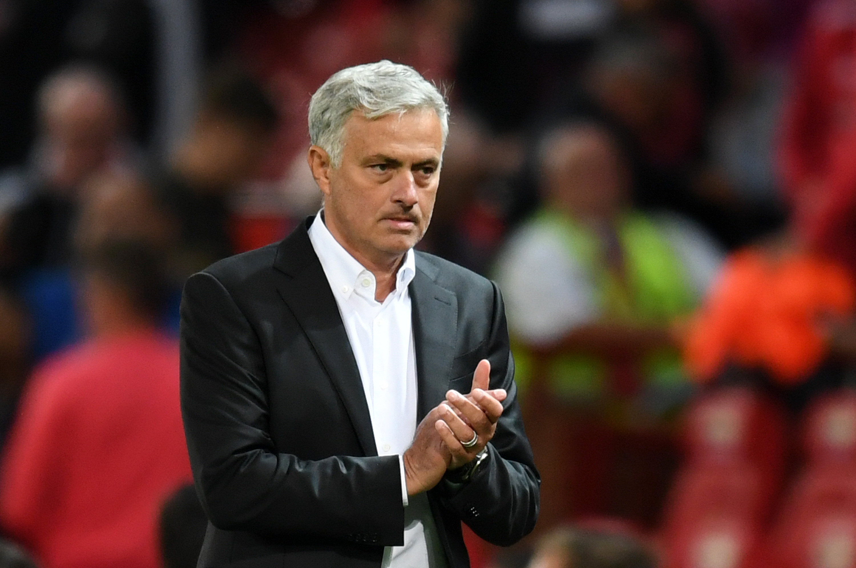 MANCHESTER, ENGLAND - AUGUST 10:  Jose Mourinho, Manager of Manchester United reacts during the Premier League match between Manchester United and Leicester City at Old Trafford on August 10, 2018 in Manchester, United Kingdom.  (Photo by Michael Regan/Getty Images)