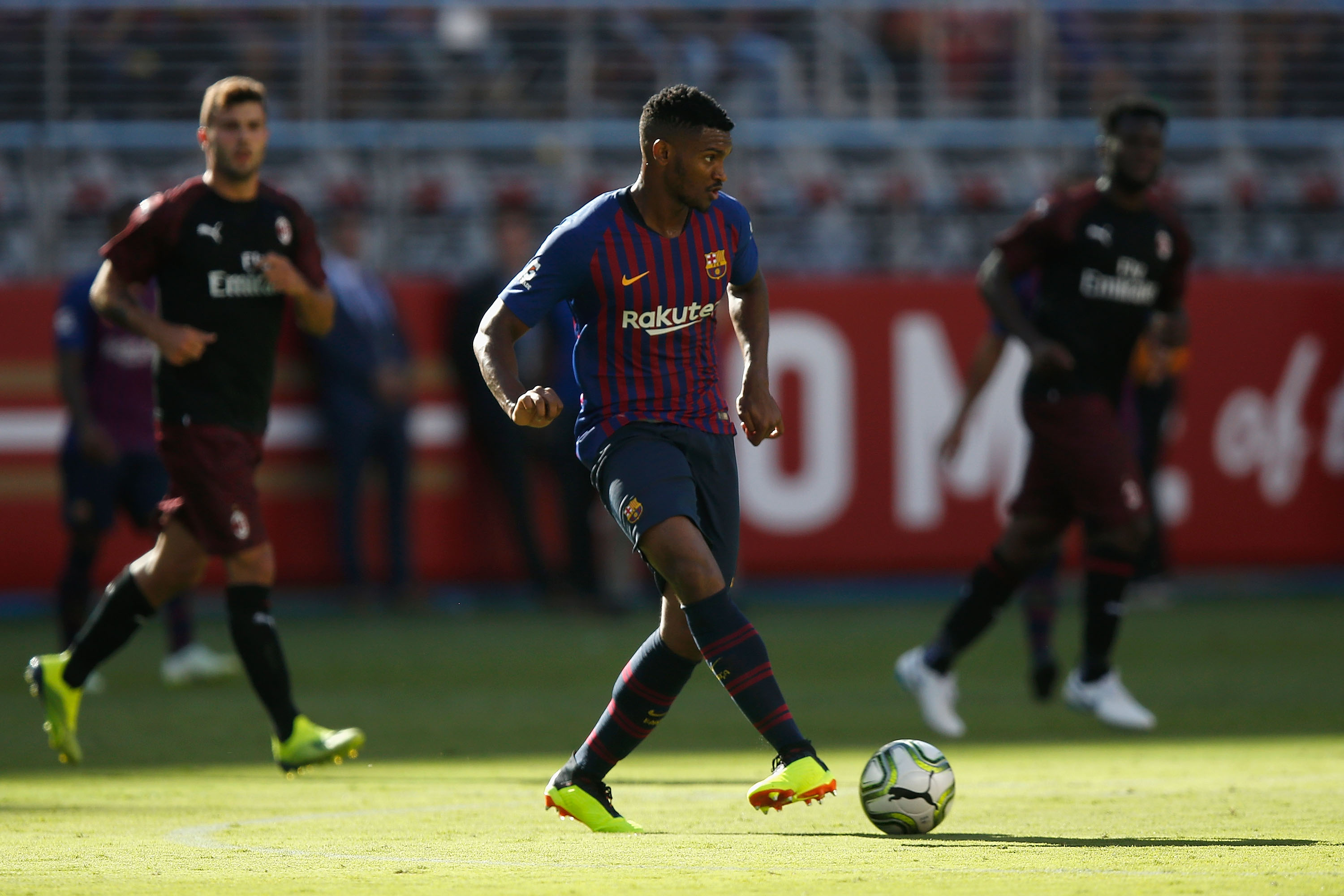 SANTA CLARA, CA - AUGUST 04: Marlon Santos #5 of FC Barcelona kicks the ball during the International Champions Cup match against AC Milan at Levi's Stadium on August 4, 2018 in Santa Clara, California. (Photo by Lachlan Cunningham/Getty Images)