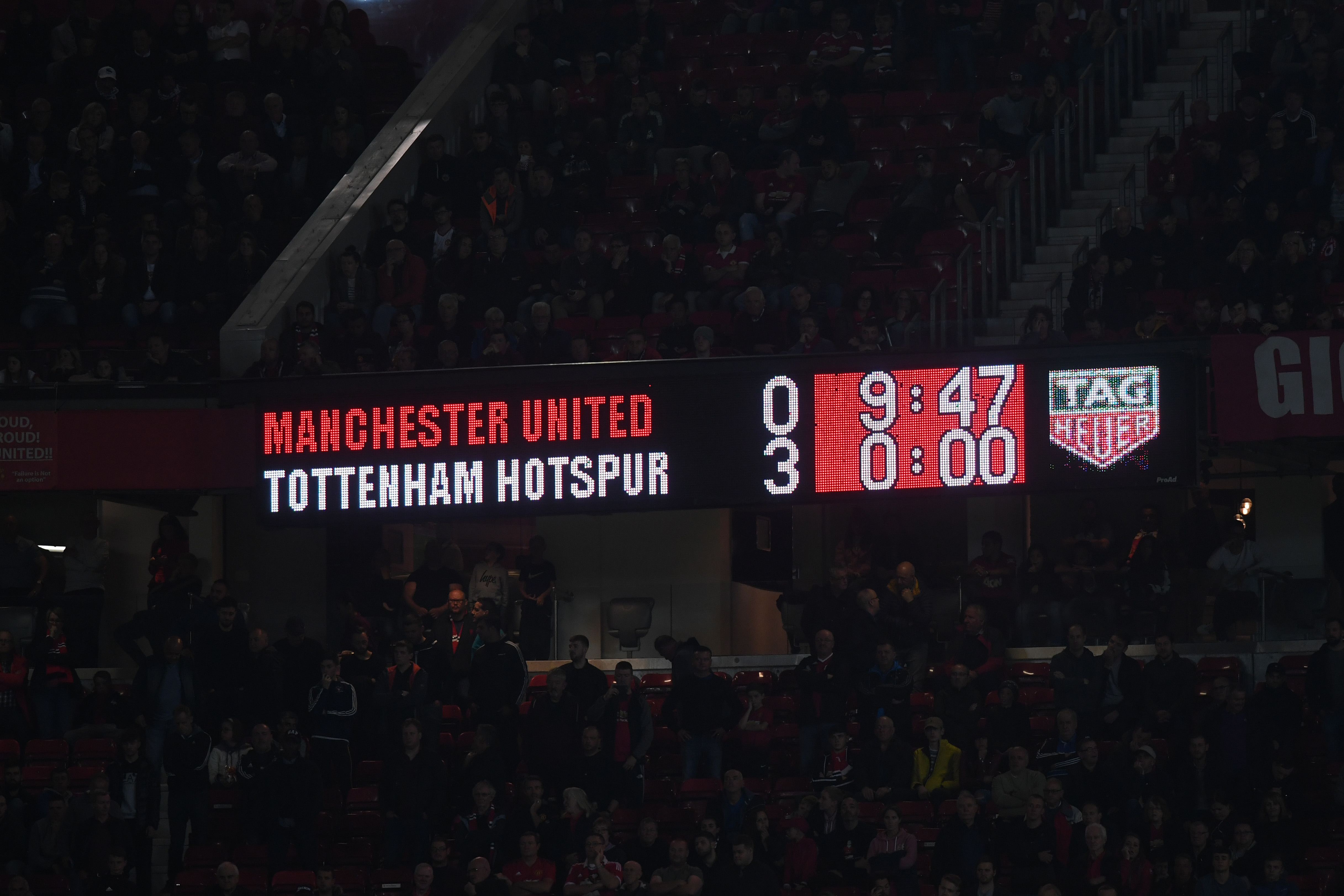 MANCHESTER, ENGLAND - AUGUST 27:  The board shows the final result during the Premier League match between Manchester United and Tottenham Hotspur at Old Trafford on August 27, 2018 in Manchester, United Kingdom.  (Photo by Michael Regan/Getty Images)