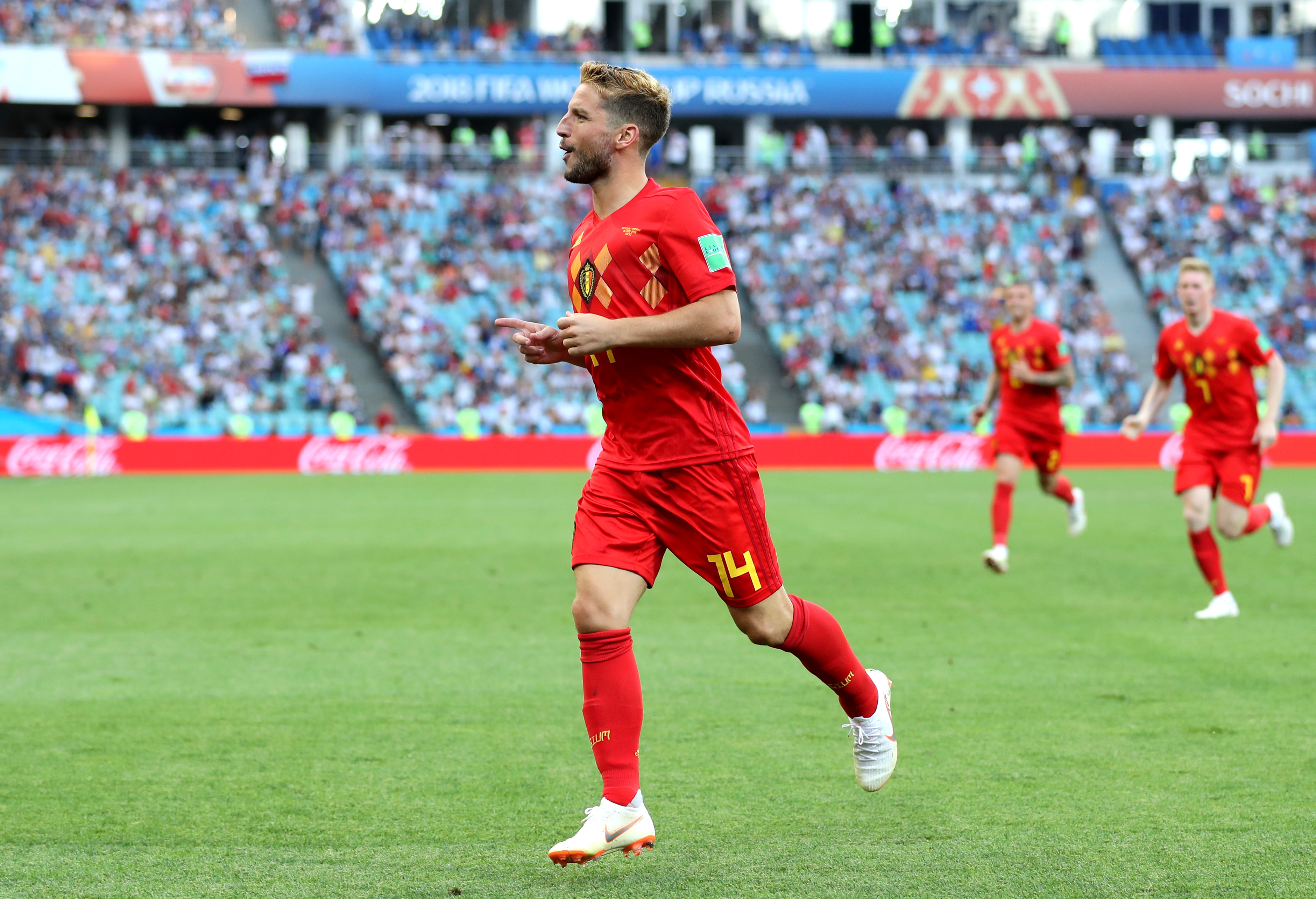 SOCHI, RUSSIA - JUNE 18:  Dries Mertens of Belgium celebrates after scoring his team's first goal during the 2018 FIFA World Cup Russia group G match between Belgium and Panama at Fisht Stadium on June 18, 2018 in Sochi, Russia.  (Photo by Richard Heathcote/Getty Images)