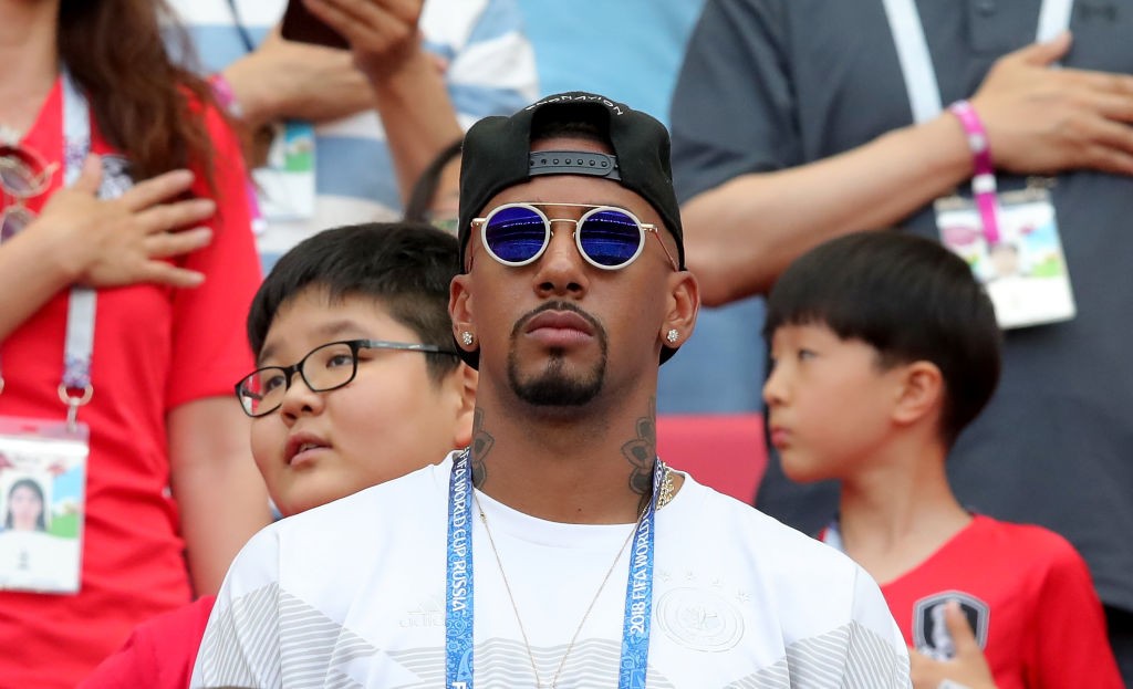KAZAN, RUSSIA - JUNE 27: Jerome Boateng of Germany looks on from the stands, serving a match suspension following a red card in a previous game prior to the 2018 FIFA World Cup Russia group F match between Korea Republic and Germany at Kazan Arena on June 27, 2018 in Kazan, Russia. (Photo by Alexander Hassenstein/Getty Images, )