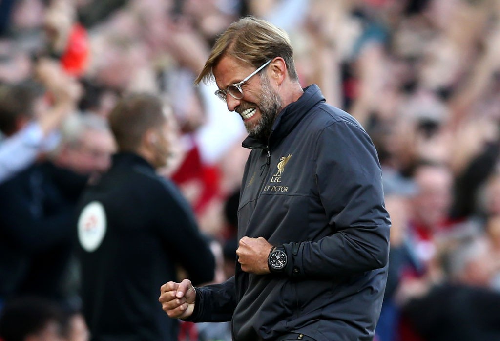 LIVERPOOL, ENGLAND - AUGUST 25: Jurgen Klopp, Manager of Liverpool celebrates after Mohamed Salah of Liverpool scores his team's first goal during the Premier League match between Liverpool FC and Brighton & Hove Albion at Anfield on August 25, 2018 in Liverpool, United Kingdom. (Photo by Jan Kruger/Getty Images)