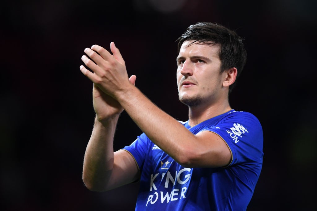 MANCHESTER, ENGLAND - AUGUST 10: Harry Maguire of Leicester City acknowledges the fans after the Premier League match between Manchester United and Leicester City at Old Trafford on August 10, 2018 in Manchester, United Kingdom. (Photo by Laurence Griffiths/Getty Images)