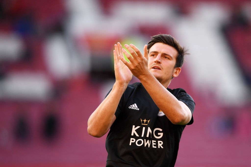 MANCHESTER, ENGLAND - AUGUST 10: Harry Maguire of Leicester City acknowledges the fans prior to the Premier League match between Manchester United and Leicester City at Old Trafford on August 10, 2018 in Manchester, United Kingdom. (Photo by Laurence Griffiths/Getty Images)