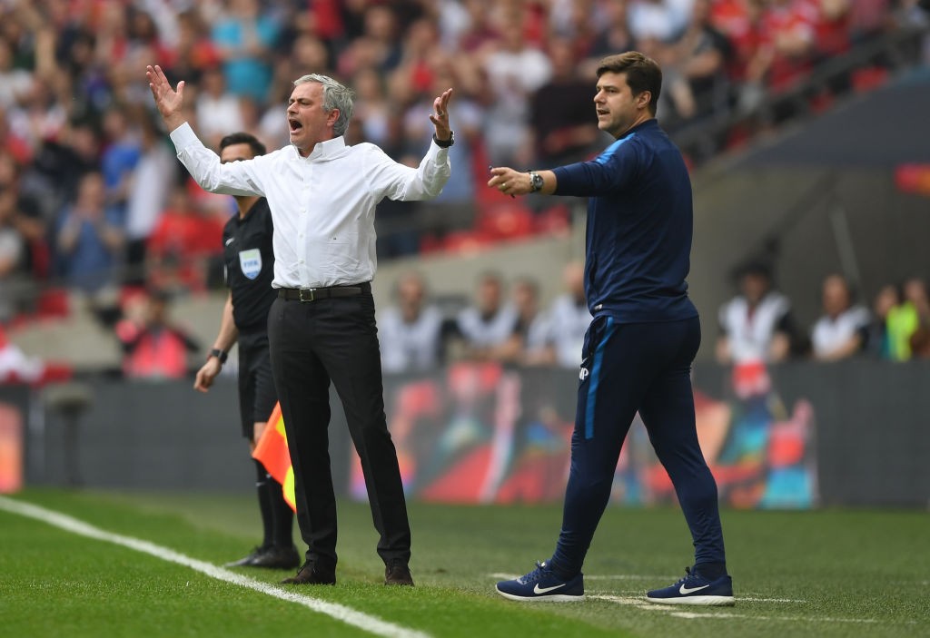 LONDON, ENGLAND - APRIL 21: Jose Mourinho, Manager of Manchester United reacts as Mauricio Pochettino, Manager of Tottenham Hotspur gives his team instructions during The Emirates FA Cup Semi Final match between Manchester United and Tottenham Hotspur at Wembley Stadium on April 21, 2018 in London, England. (Photo by Shaun Botterill/Getty Images)