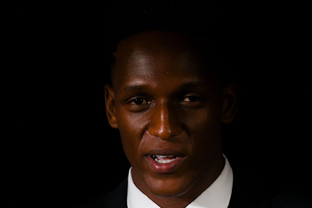 BARCELONA, SPAIN - JANUARY 13: New FC Barcelona player Yerry Mina is unveiling at Nou Camp on January 13, 2018 in Barcelona, Spain. The Colombian player signed from Palmerias, has agreed a deal with the Catalan club until 2022 season. (Photo by David Ramos/Getty Images)