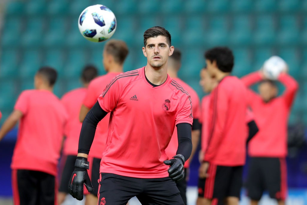 TALLINN, ESTONIA - AUGUST 14: Thibaut Courtois of Real Madrid CF looks on during a training session ahead of the UEFA Super Cup match against Atletico Madrid at Lillekuela Stadium on August 14, 2018 in Tallinn, Estonia. (Photo by Alexander Hassenstein/Getty Images)