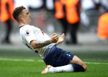 LONDON, ENGLAND - AUGUST 18: Kieran Trippier of Tottenham Hotspur celebrates after scoring his team's second goal during the Premier League match between Tottenham Hotspur and Fulham FC at Wembley Stadium on August 18, 2018 in London, United Kingdom. (Photo by Julian Finney/Getty Images)