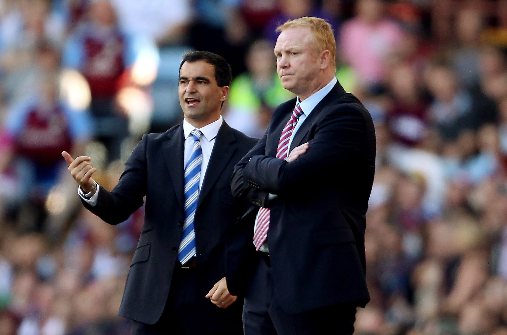 BIRMINGHAM, ENGLAND - OCTOBER 01: Wigan manager Roberto Martinez (L) with Aston Villa manager Alex McLeish during the Barclays Premier League match between Aston Villa and Wigan Athletic at Villa Park on October 1, 2011 in Birmingham, England. (Photo by Scott Heavey/Getty Images)