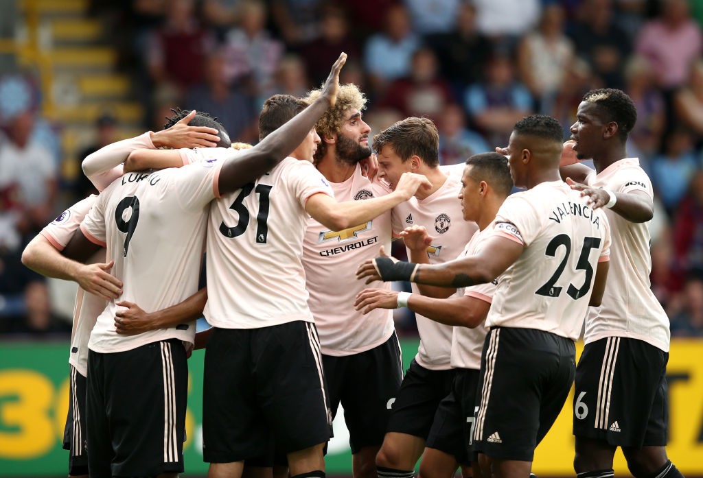 BURNLEY, ENGLAND - SEPTEMBER 02: Romelu Lukaku of Manchester United (9) celebrates after scoring his team's first goal with team mates during the Premier League match between Burnley FC and Manchester United at Turf Moor on September 2, 2018 in Burnley, United Kingdom. (Photo by Jan Kruger/Getty Images)