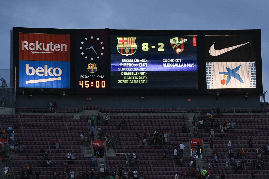 BARCELONA, SPAIN - SEPTEMBER 02: The final result is displayed on the scoreboard during the La Liga match between FC Barcelona and SD Huesca at Camp Nou on September 2, 2018 in Barcelona, Spain. (Photo by David Ramos/Getty Images)