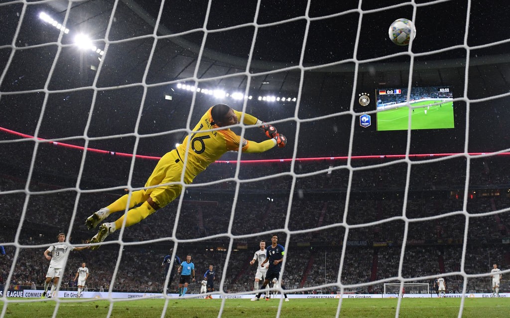 MUNICH, GERMANY - SEPTEMBER 06: Goalkeeper Alphonse Areola of France saves a ball during the UEFA Nations League group A match between Germany and France at Allianz Arena on September 06, 2018 in Munich, Germany. (Photo by Matthias Hangst/Bongarts/Getty Images)