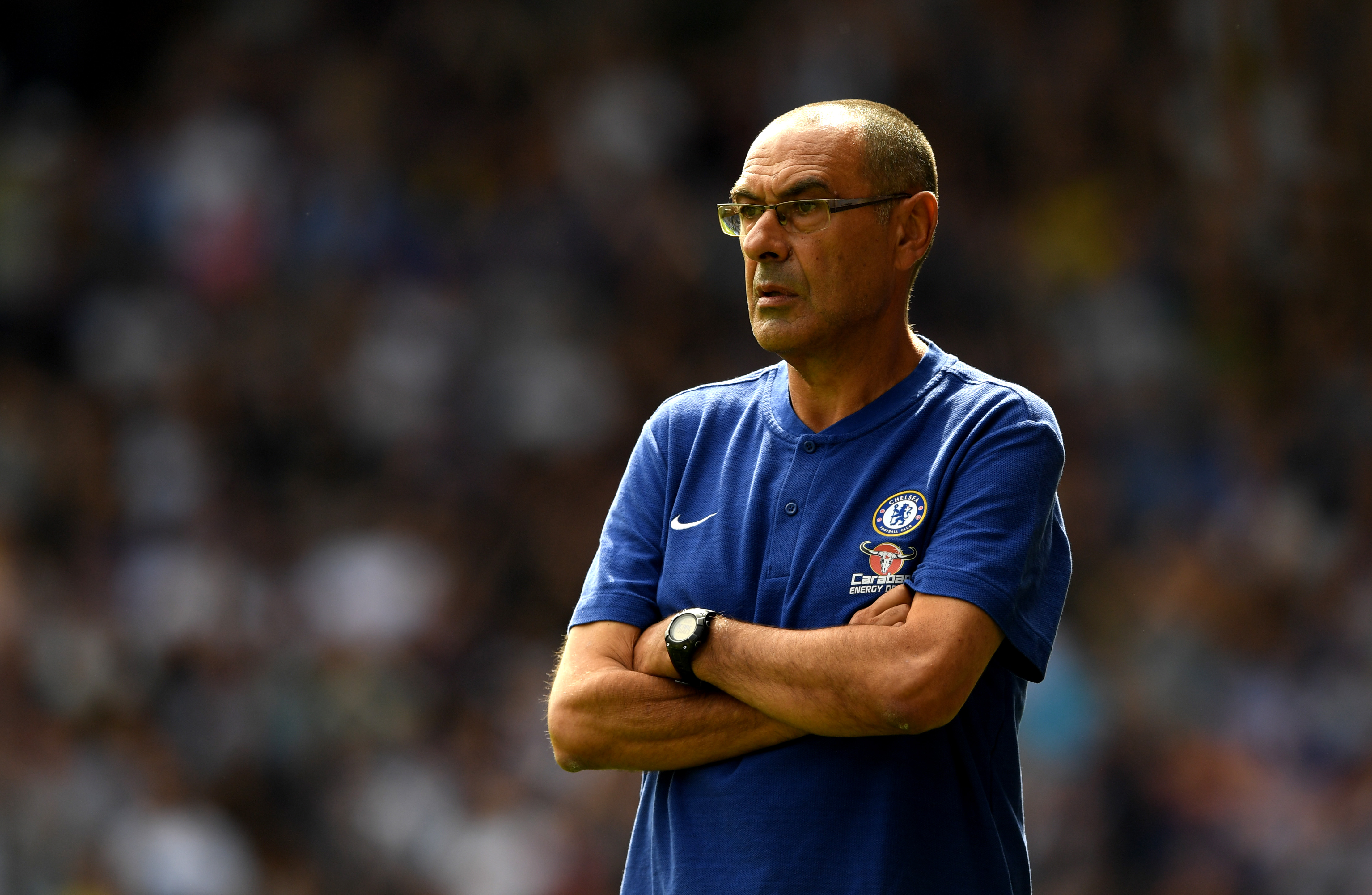 HUDDERSFIELD, ENGLAND - AUGUST 11:  Maurizio Sarri, Manager of Chelsea looks on during the Premier League match between Huddersfield Town and Chelsea FC at John Smith's Stadium on August 11, 2018 in Huddersfield, United Kingdom.  (Photo by Shaun Botterill/Getty Images)