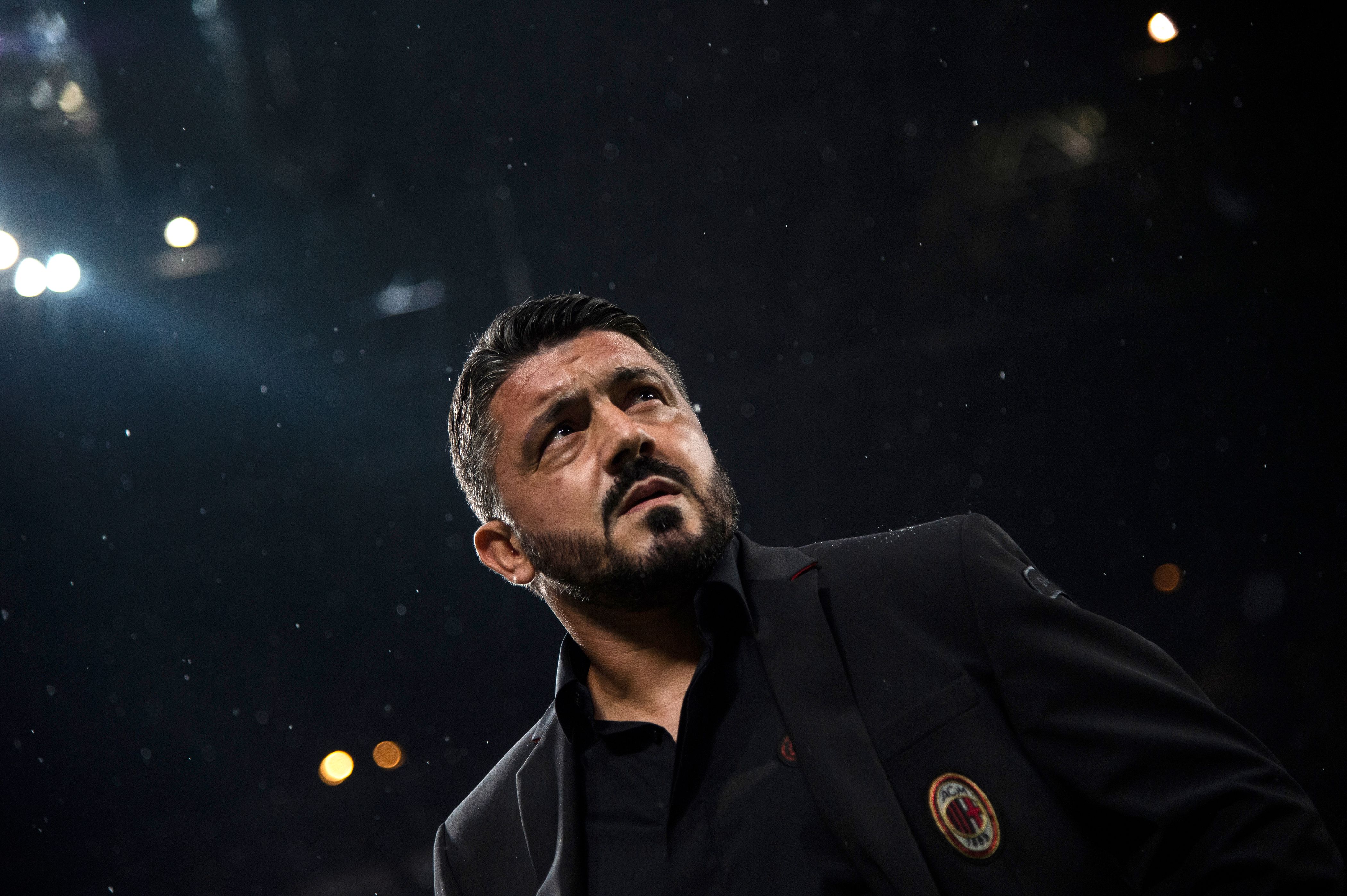 AC Milan's coach Gennaro Gattuso attends the Italian Serie A football match AC Milan vs AS Roma on August 31, 2018 at San Siro stadium' in Milan. (Photo by MARCO BERTORELLO / AFP)        (Photo credit should read MARCO BERTORELLO/AFP/Getty Images)