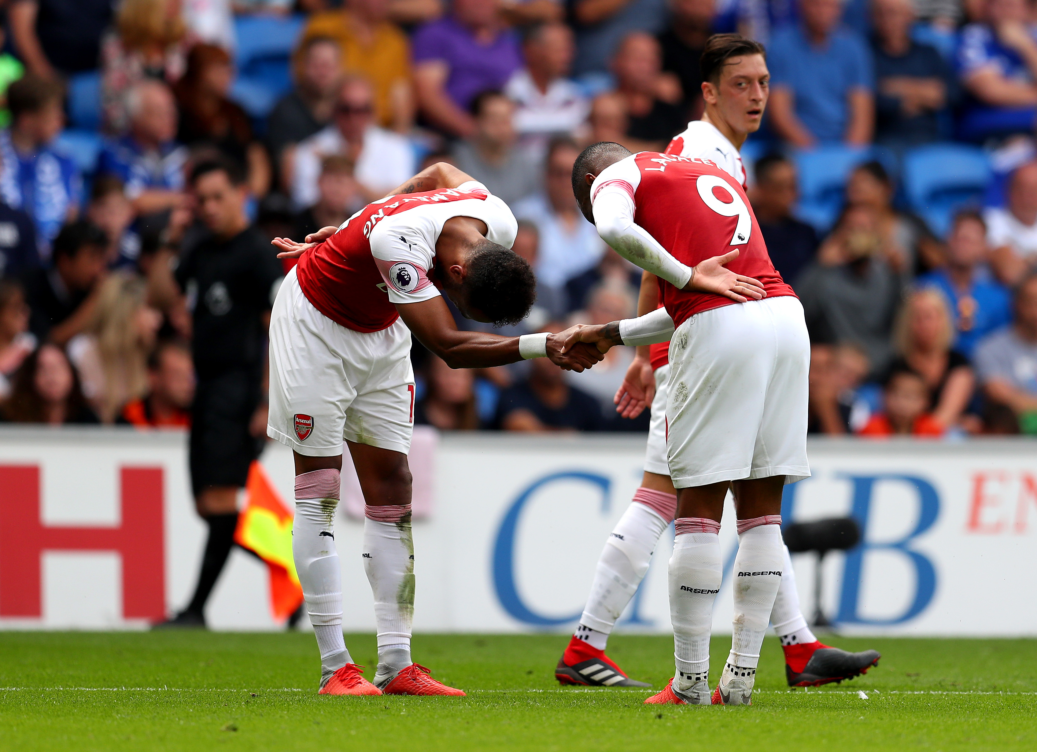 CARDIFF, WALES - SEPTEMBER 02:  Alexandre Lacazette of Arsenal (9) celebrates with Pierre-Emerick Aubameyang as he scores his team's third goal during the Premier League match between Cardiff City and Arsenal FC at Cardiff City Stadium on September 2, 2018 in Cardiff, United Kingdom.  (Photo by Catherine Ivill/Getty Images)