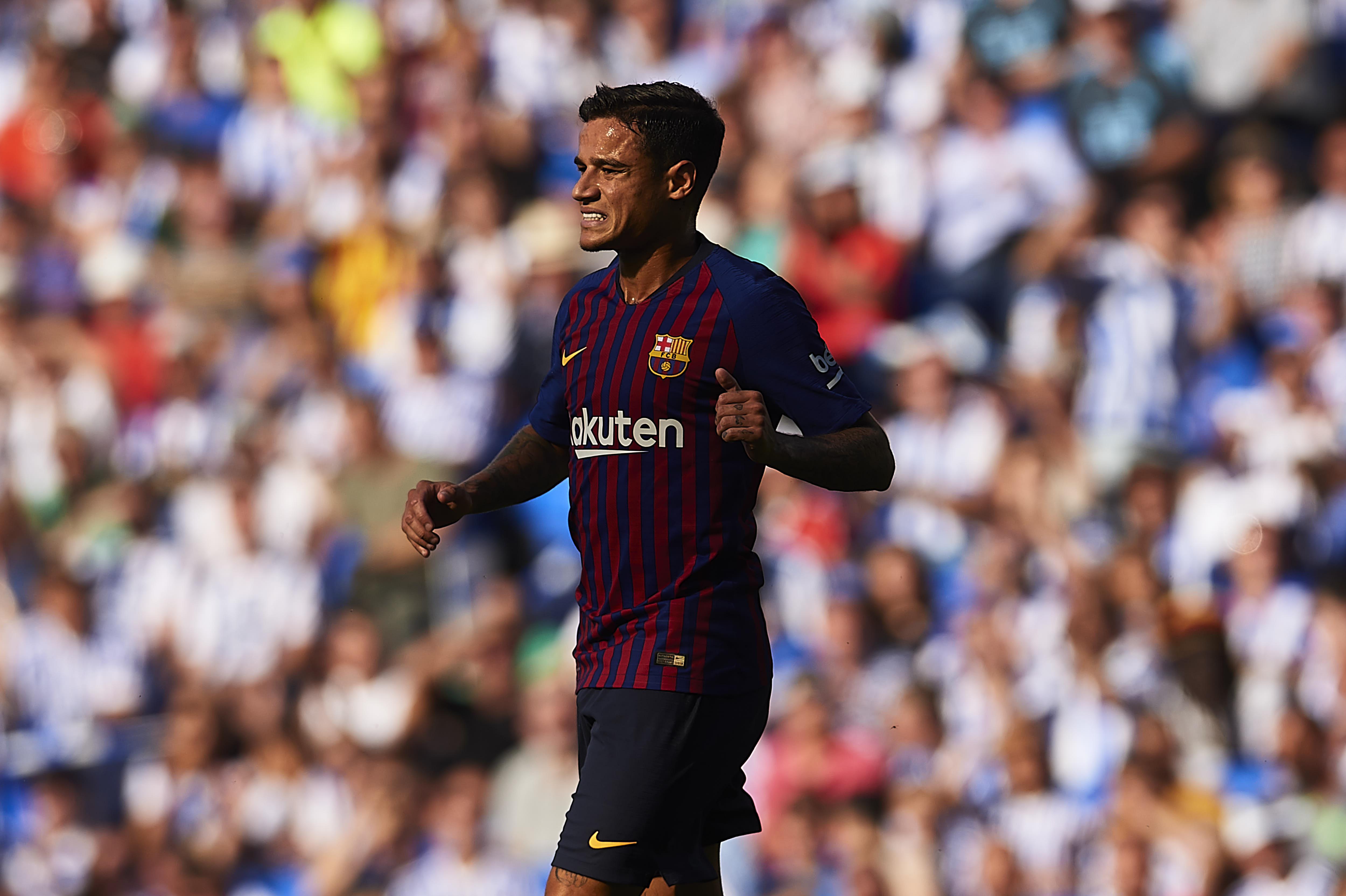 SAN SEBASTIAN, SPAIN - SEPTEMBER 15:  Philippe Coutinho of FC Barcelona  reacts during the La Liga match between Real Sociedad and FC Barcelona at Estadio Anoeta on September 15, 2018 in San Sebastian, Spain.  (Photo by Aitor Alcalde/Getty Images)