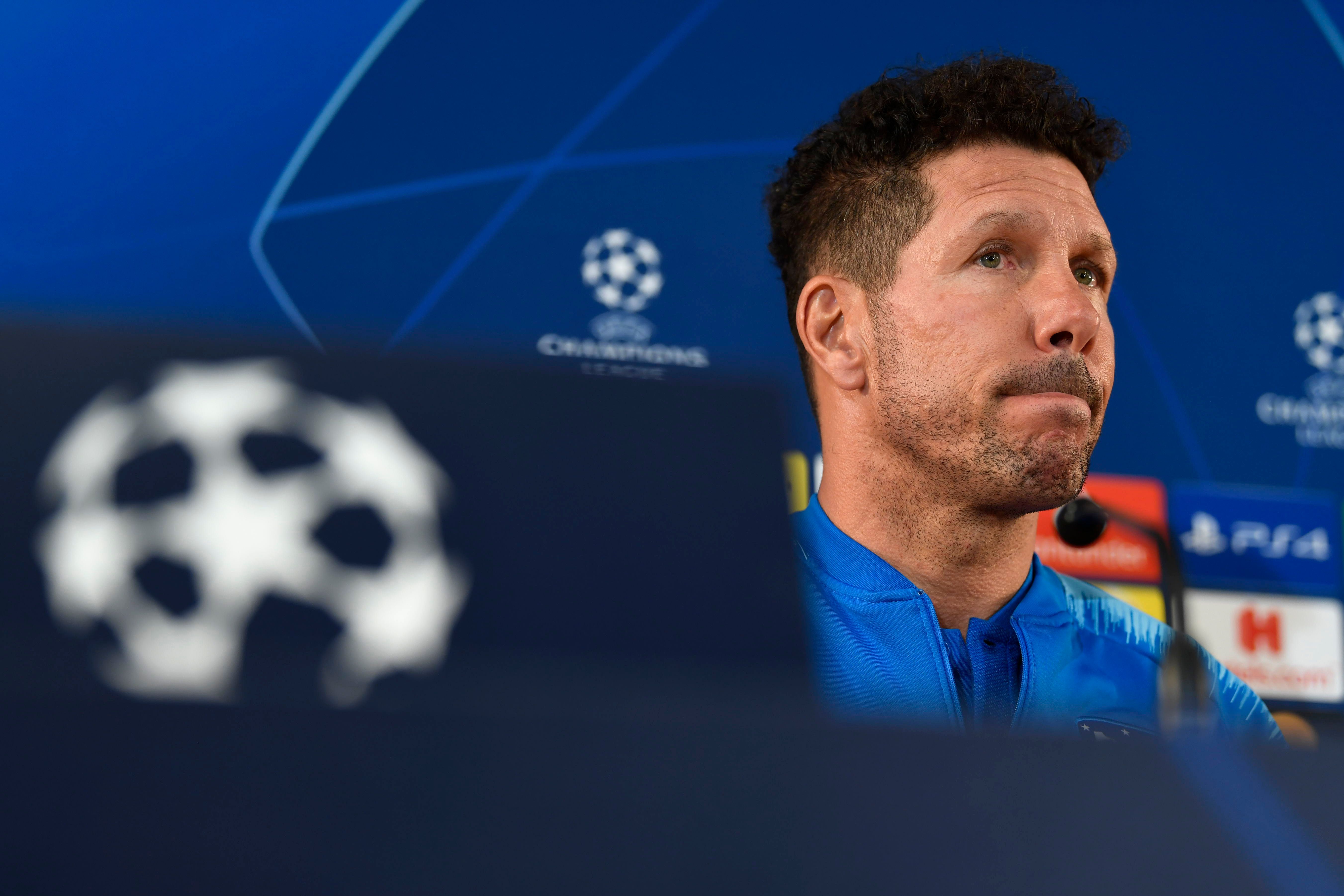 Atletico Madrid's Argentinian coach Diego Simeone looks on during a press conference at the Louis II stadium in Monaco on September 17, 2018, on the eve of the UEFA Champions League football match between Monaco and Atletico Madrid. (Photo by CHRISTOPHE SIMON / AFP)        (Photo credit should read CHRISTOPHE SIMON/AFP/Getty Images)