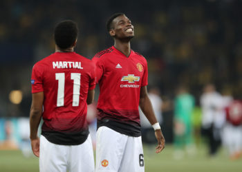 BERN, SWITZERLAND - SEPTEMBER 19:  Paul Pogba of Manchester United and Anthony Martial of Manchester United celebrate after the Group H match of the UEFA Champions League between BSC Young Boys and Manchester United at Stade de Suisse, Wankdorf on September 19, 2018 in Bern, Switzerland. (Photo by Christian Kaspar-Bartke/Getty Images)