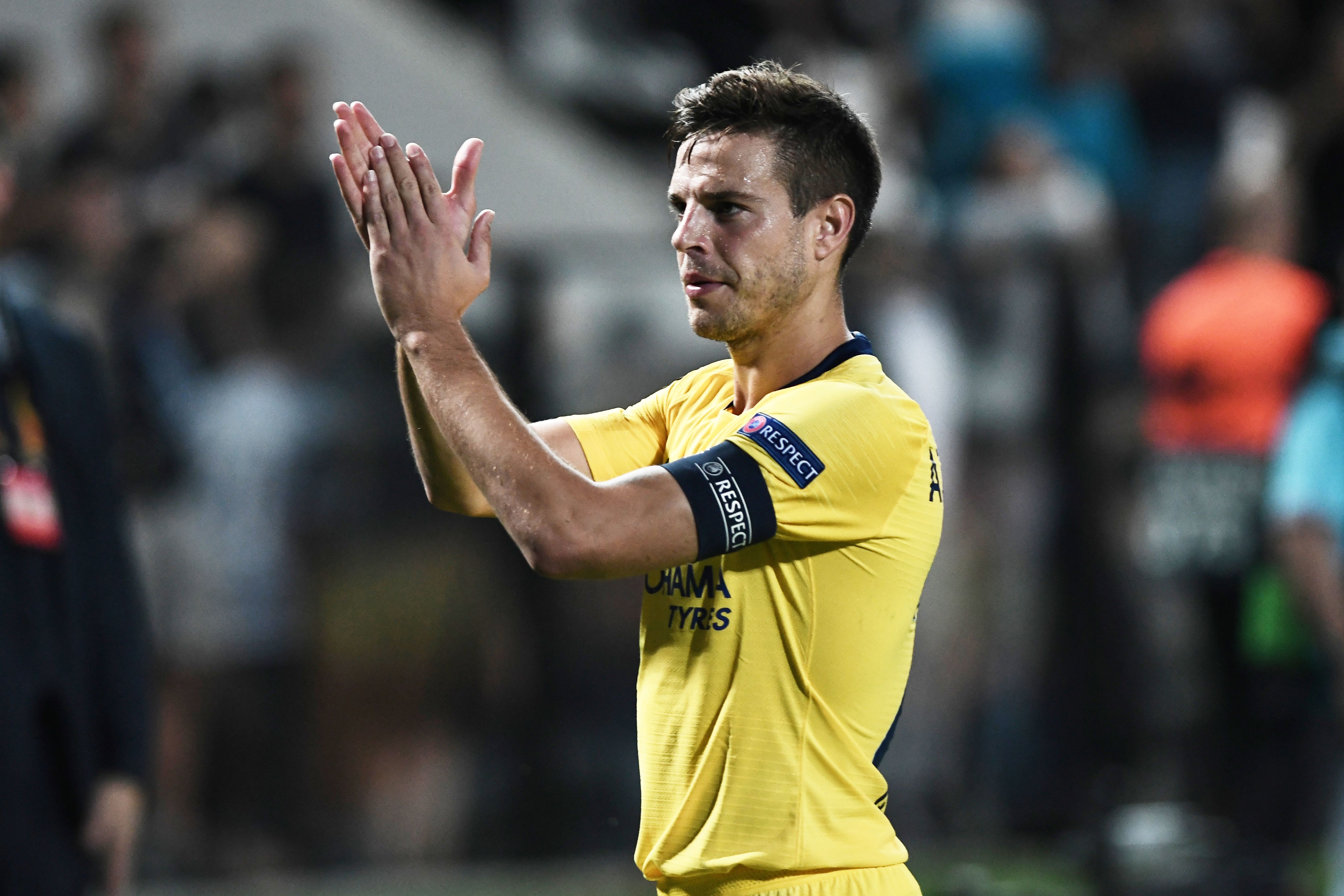 Chelsea's Spanish defender Cesar Azpilicueta celebrates after the  UEFA Europa League Group L first-leg football match between PAOK Thessaloniki and Chelsea at the Toumba stadium in Thessaloniki on September 20, 2018. (Photo by Sakis MITROLIDIS / AFP)        (Photo credit should read SAKIS MITROLIDIS/AFP/Getty Images)
