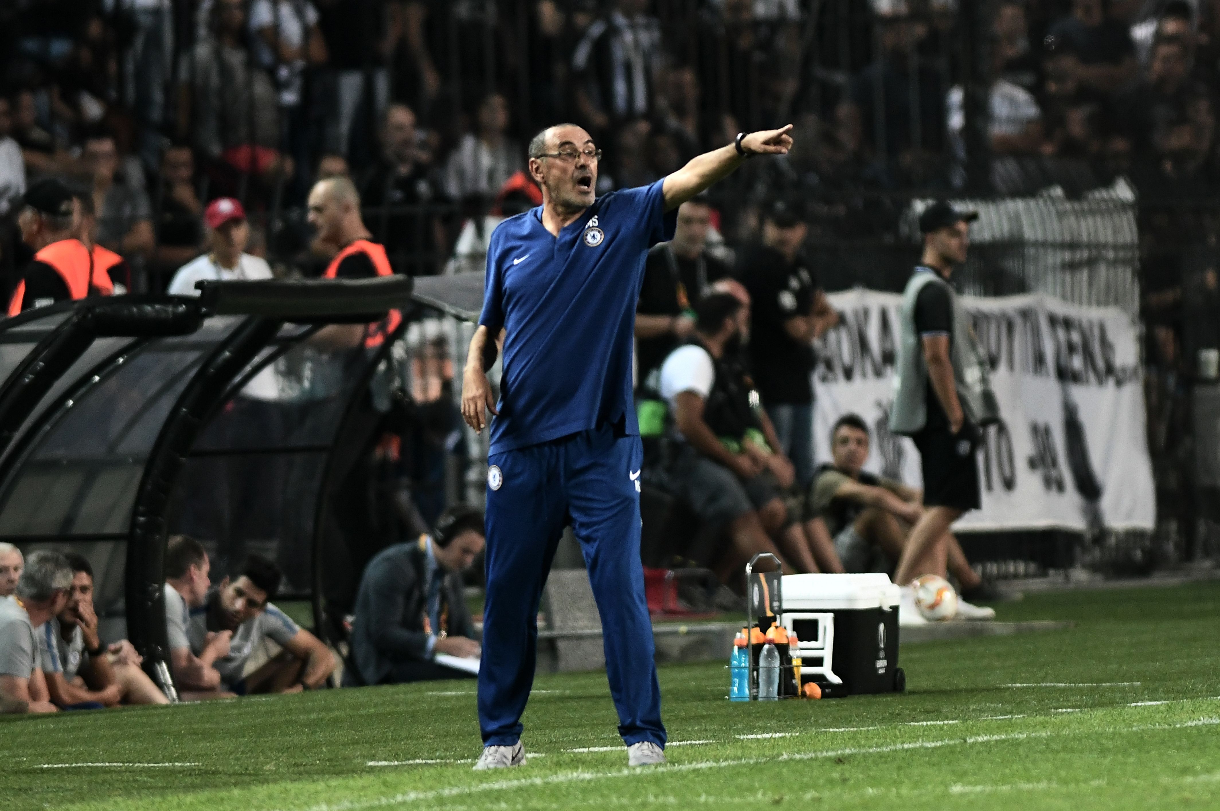 Chelsea's coach Maurizio Sarri reacts from the touchline during the UEFA Europa League Group L football match between PAOK Thessaloniki and Chelsea at Toumba stadium in Thessaloniki on September 20, 2018. (Photo by Sakis MITROLIDIS / AFP)        (Photo credit should read SAKIS MITROLIDIS/AFP/Getty Images)
