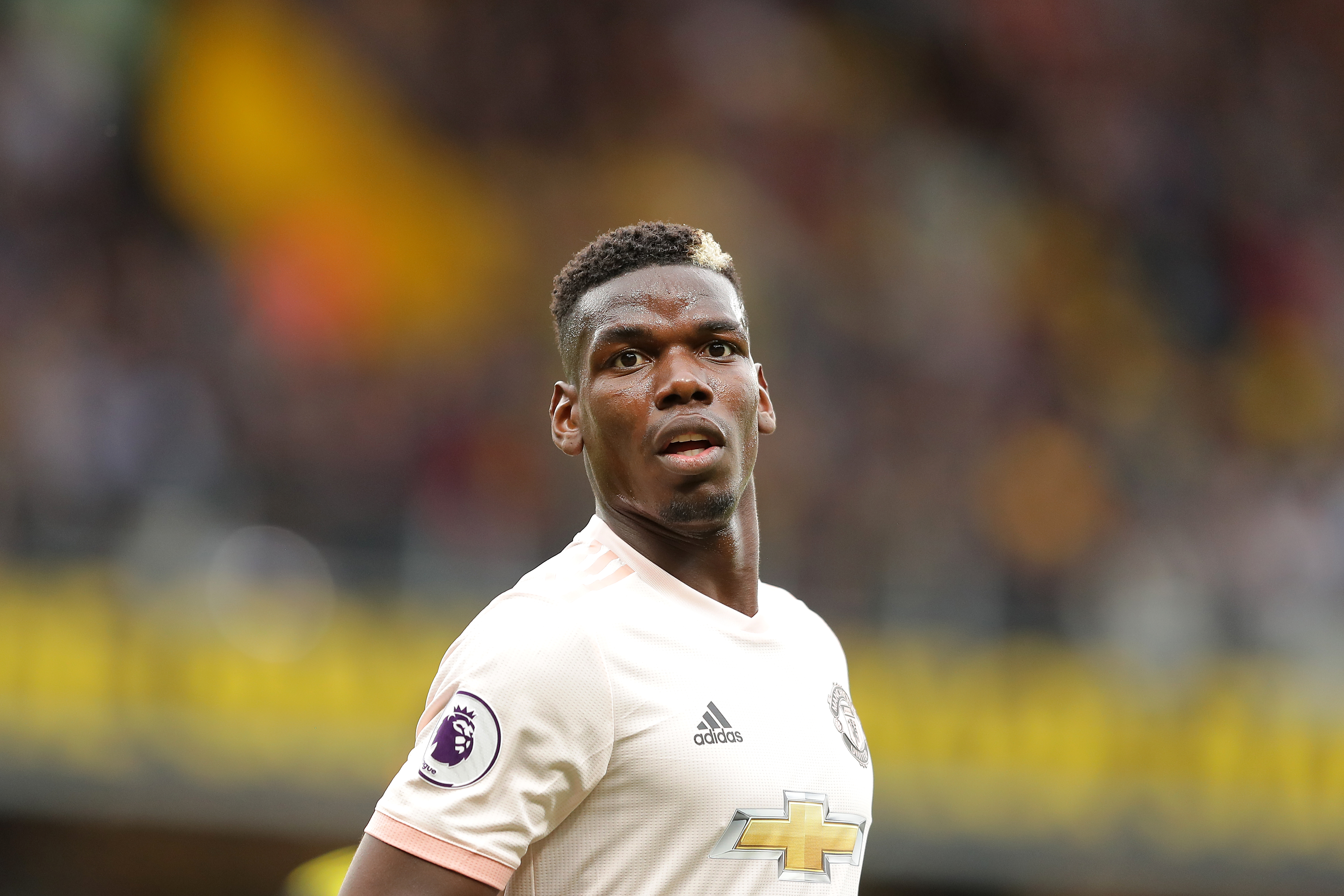 WATFORD, ENGLAND - SEPTEMBER 15: Paul Pogba of Manchester United in action during the Premier League match between Watford FC and Manchester United at Vicarage Road on September 15, 2018 in Watford, United Kingdom. (Photo by Richard Heathcote/Getty Images)