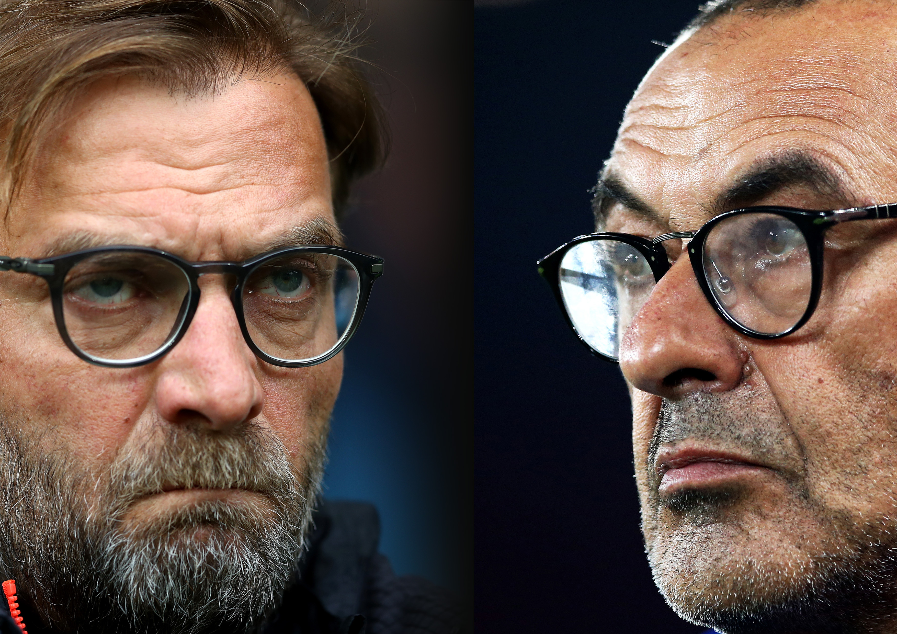 FILE PHOTO (EDITORS NOTE: COMPOSITE OF IMAGES - Image numbers 669065986,1040951966 - GRADIENT ADDED) In this composite image a comparison has been made between Jurgen Klopp, Manager of Liverpool  (L) and Maurizio Sarri, Manager of Chelsea.  Chelsea and  Liverpool meet in a Premier League match on September 29,2018 at Stamford Bridge in London.  ***LEFT IMAGE*** WEST BROMWICH, ENGLAND - APRIL 16: Jurgen Klopp, Manager of Liverpool looks on prior to the Premier League match between West Bromwich Albion and Liverpool at The Hawthorns on April 16, 2017 in West Bromwich, England. (Photo by Michael Steele/Getty Images) ***RIGHT IMAGE*** LIVERPOOL, ENGLAND - SEPTEMBER 26: Maurizio Sarri, Manager of Chelsea looks on ahead of the Carabao Cup Third Round match between Liverpool and Chelsea at Anfield on September 26, 2018 in Liverpool, England. (Photo by Jan Kruger/Getty Images)