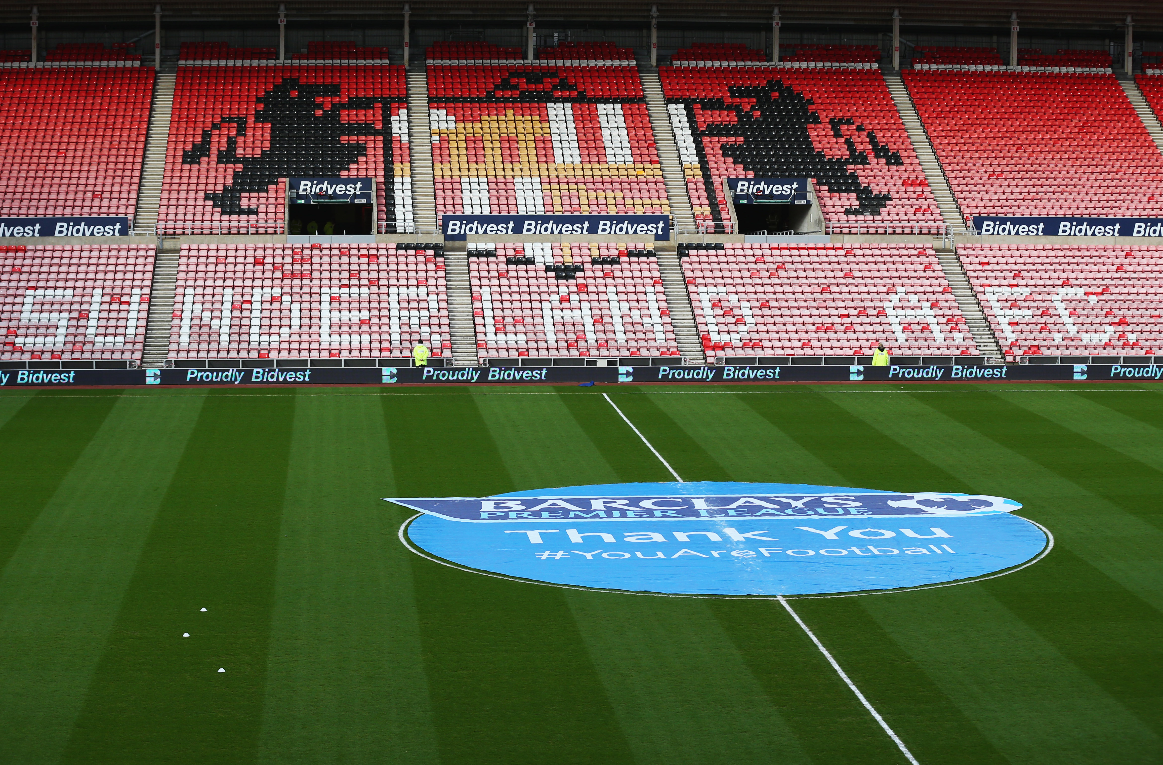 SUNDERLAND, ENGLAND - MAY 07:  On pitch logo on display prior to the Barclays Premier League match between Sunderland and West Bromwich Albion at Stadium of Light on May 7, 2014 in Sunderland, England.  (Photo by Alex Livesey/Getty Images)