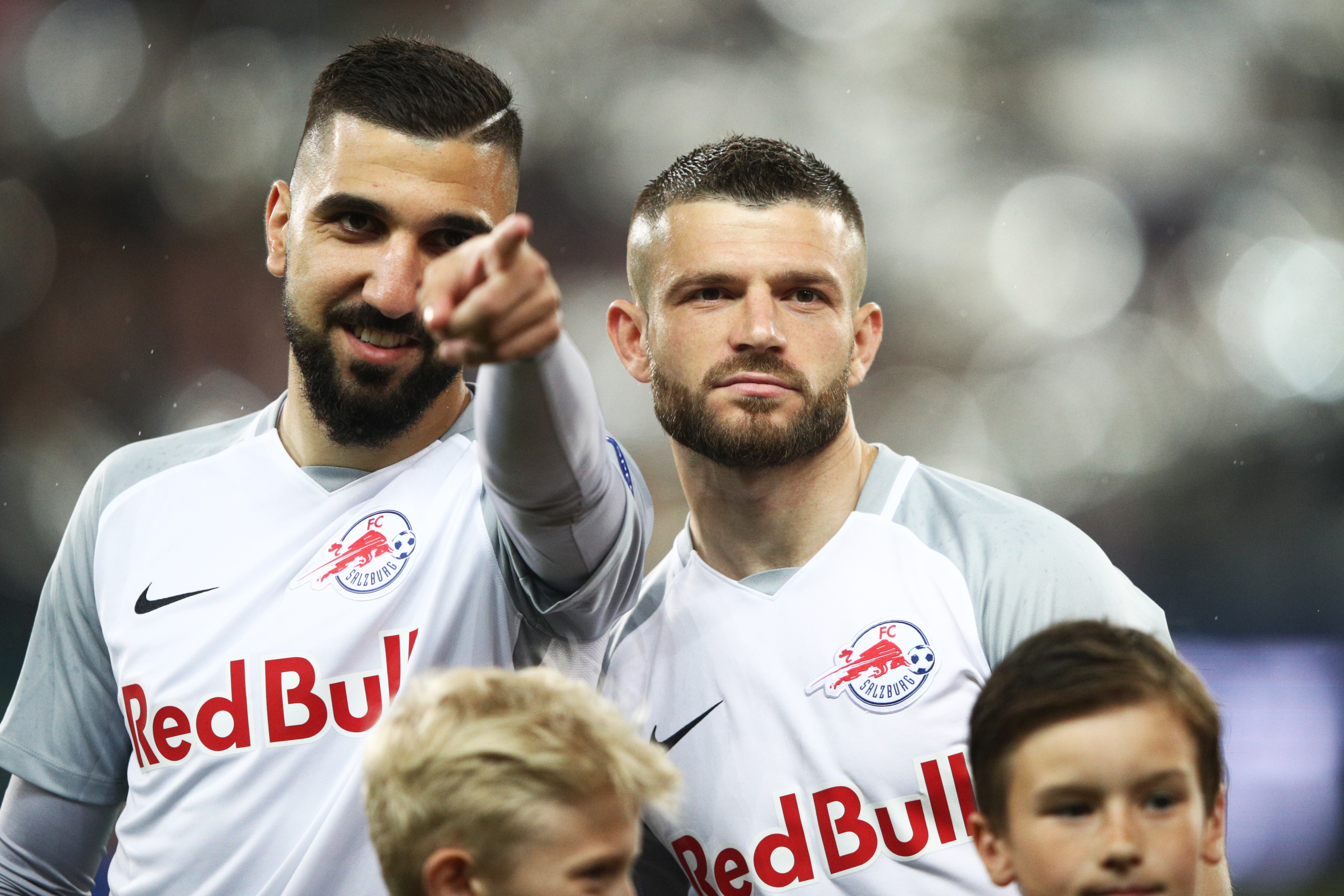 SALZBURG, AUSTRIA - MAY 03:  Valon Berisha and Munas Dabbur of Red Bull Salzburg during the UEFA Europa Semi Final Second leg match between FC Red Bull Salzburg and Olympique de Marseille at Red Bull Arena on May 3, 2018 in Salzburg, Austria.  (Photo by Adam Pretty/Bongarts/Getty Images)