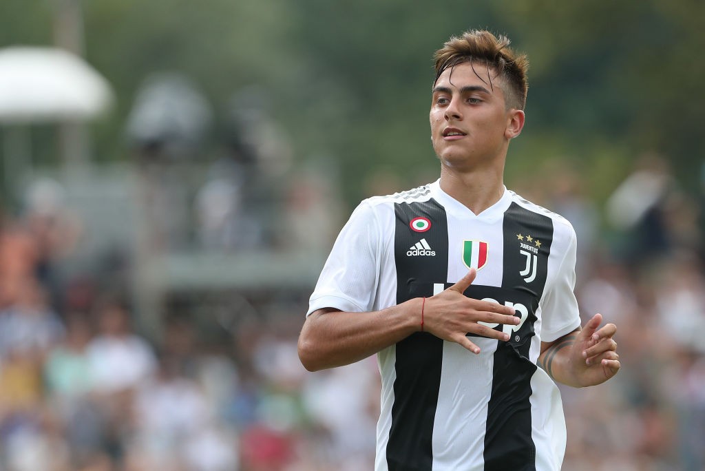 VILLAR PEROSA, ITALY - AUGUST 12: Paulo Dybala of Juventus FC looks on during the Pre-Season Friendly match between Juventus and Juventus U19 on August 12, 2018 in Villar Perosa, Italy. (Photo by Marco Luzzani/Getty Images)