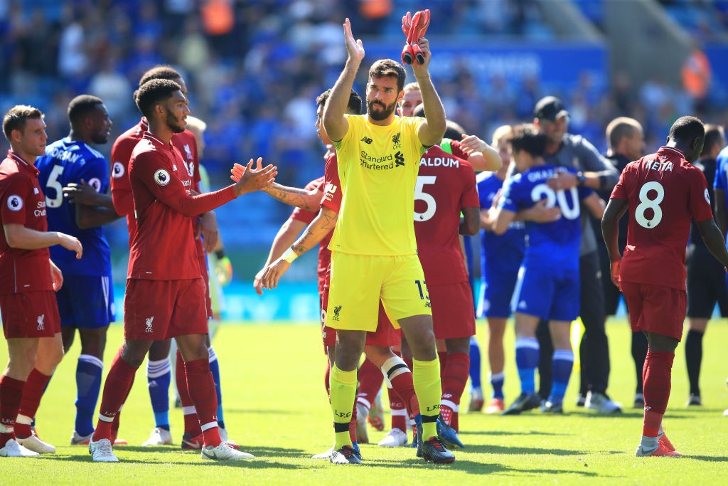 LEICESTER, ENGLAND - SEPTEMBER 01: Alisson of Liverpool applauds fans after the Premier League match between Leicester City and Liverpool FC at The King Power Stadium on September 1, 2018 in Leicester, United Kingdom. (Photo by Marc Atkins/Getty Images)