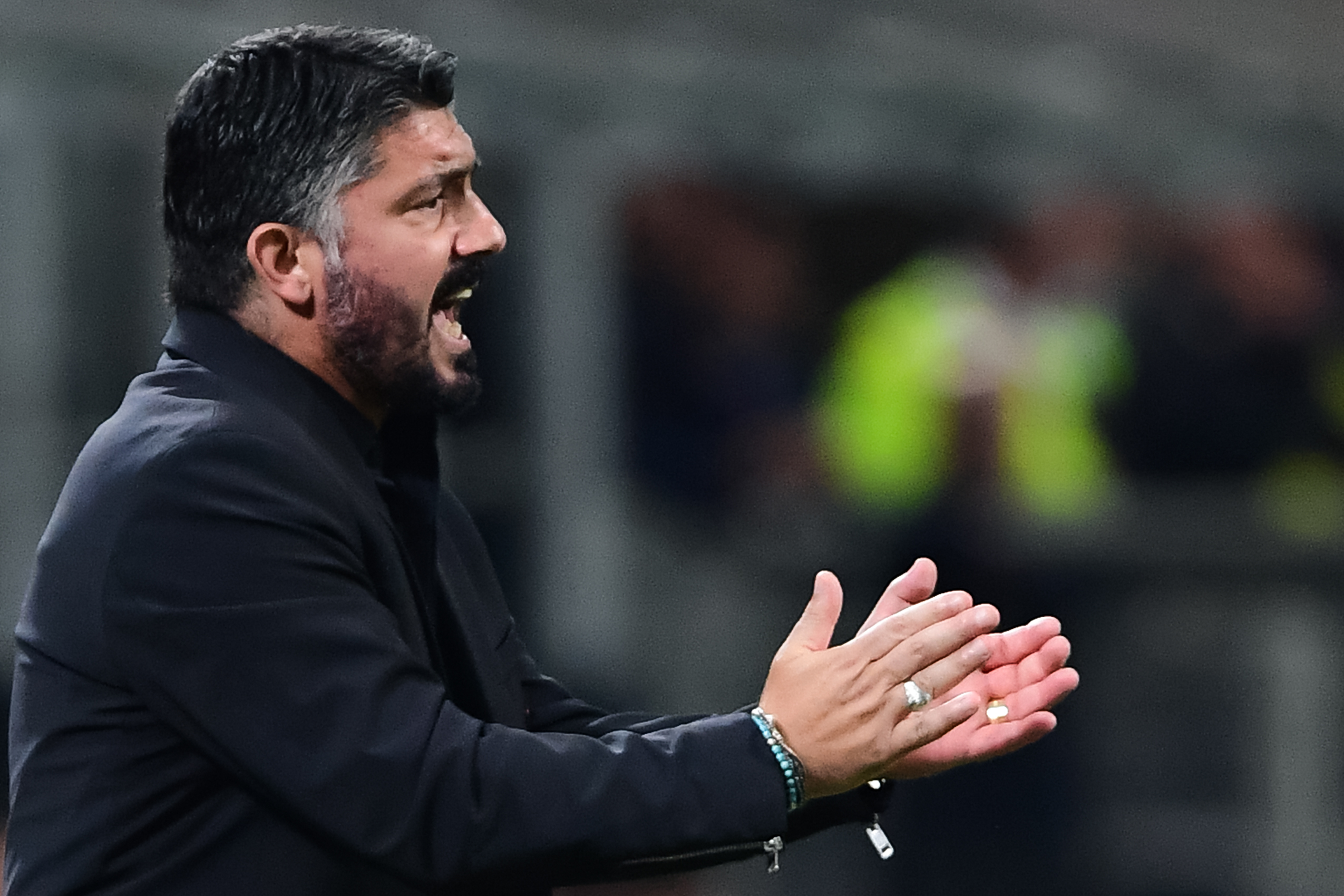 AC Milan's Italian coach Gennaro Gattuso gives instructions during the Europa League Group F football match between AC Milan and Olympiakos at the San Siro stadium on October 4, 2018 in Milan. (Photo by Miguel MEDINA / AFP)        (Photo credit should read MIGUEL MEDINA/AFP/Getty Images)