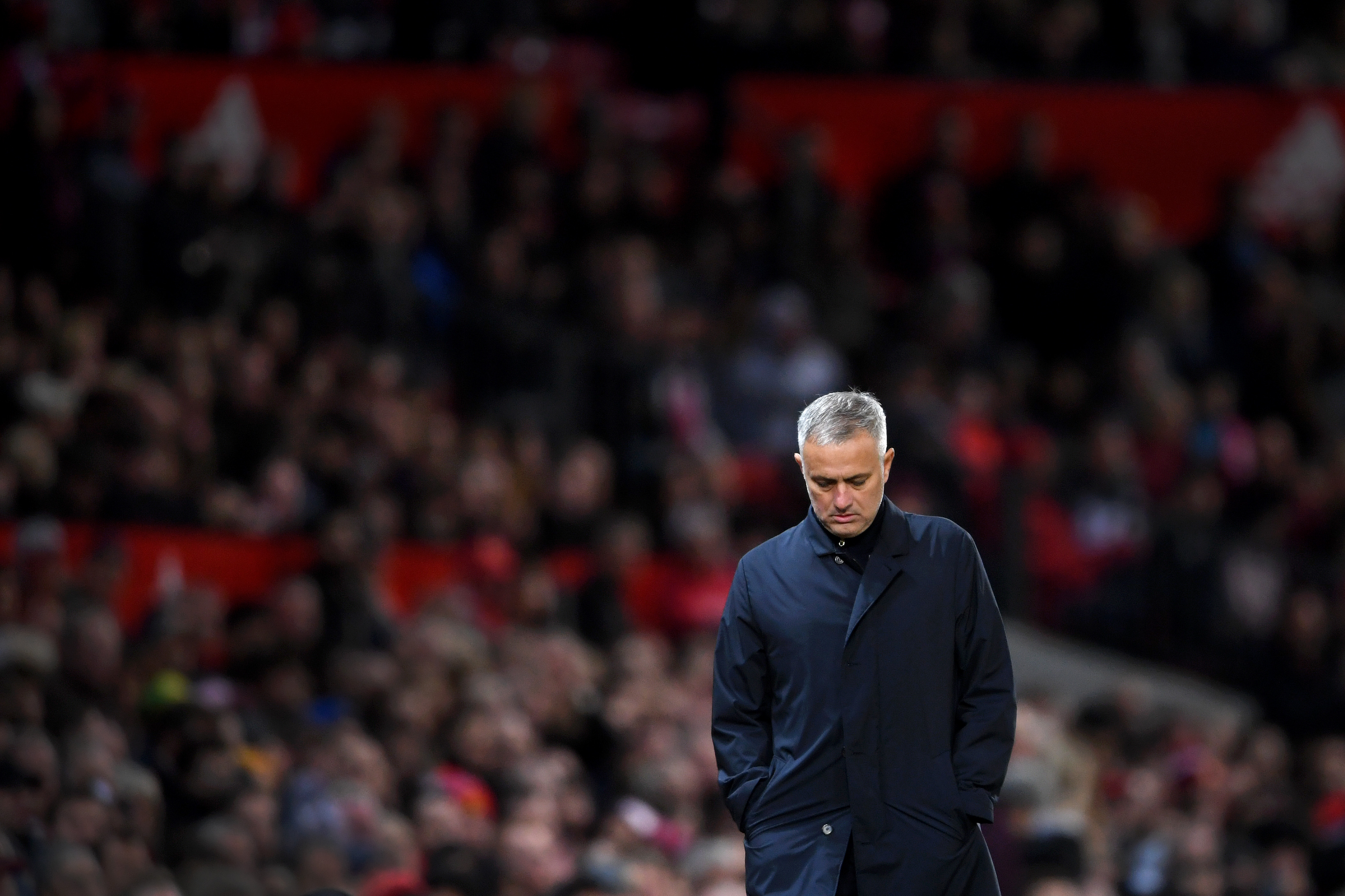 MANCHESTER, ENGLAND - OCTOBER 06:  Jose Mourinho, Manager of Manchester United looks dejected during the Premier League match between Manchester United and Newcastle United at Old Trafford on October 6, 2018 in Manchester, United Kingdom.  (Photo by Laurence Griffiths/Getty Images)