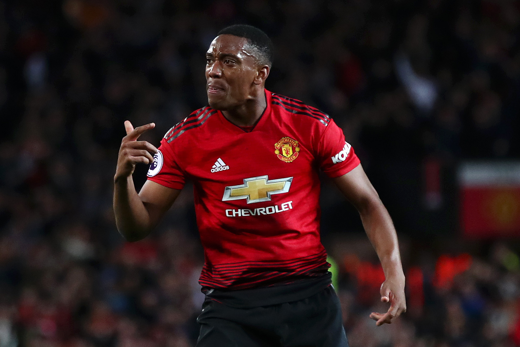 MANCHESTER, ENGLAND - OCTOBER 06:  Anthony Martial of Manchester United celebrates after scoring his team's second goal during the Premier League match between Manchester United and Newcastle United at Old Trafford on October 6, 2018 in Manchester, United Kingdom.  (Photo by Clive Brunskill/Getty Images)