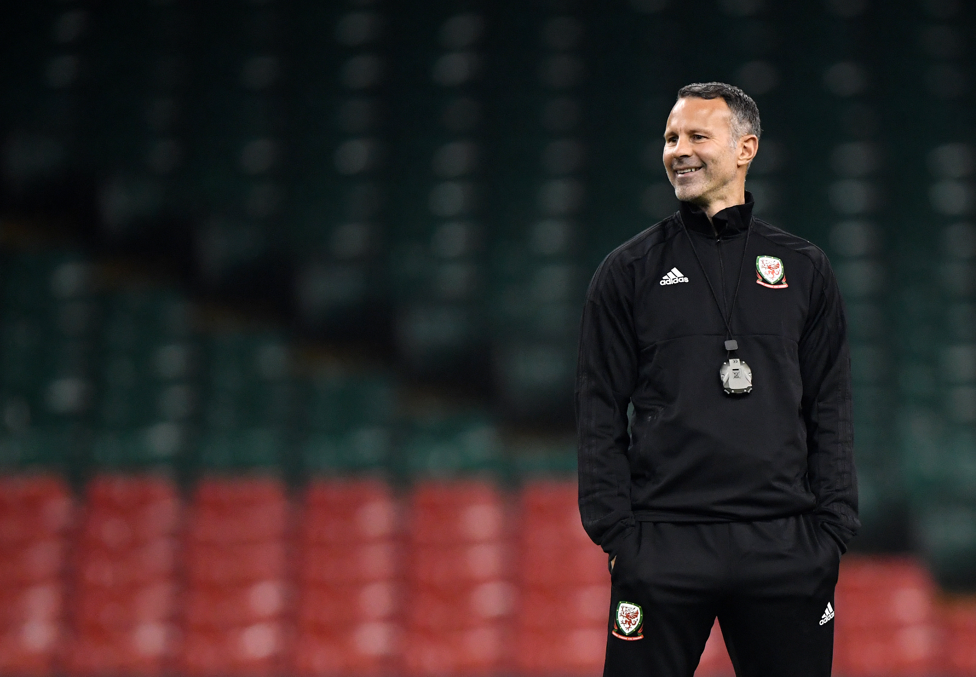 CARDIFF, WALES - OCTOBER 10:  Ryan Giggs, Manager of Wales looks on during a Wales Training Session at Principality Stadium on October 10, 2018 in Cardiff, Wales.  (Photo by Stu Forster/Getty Images)