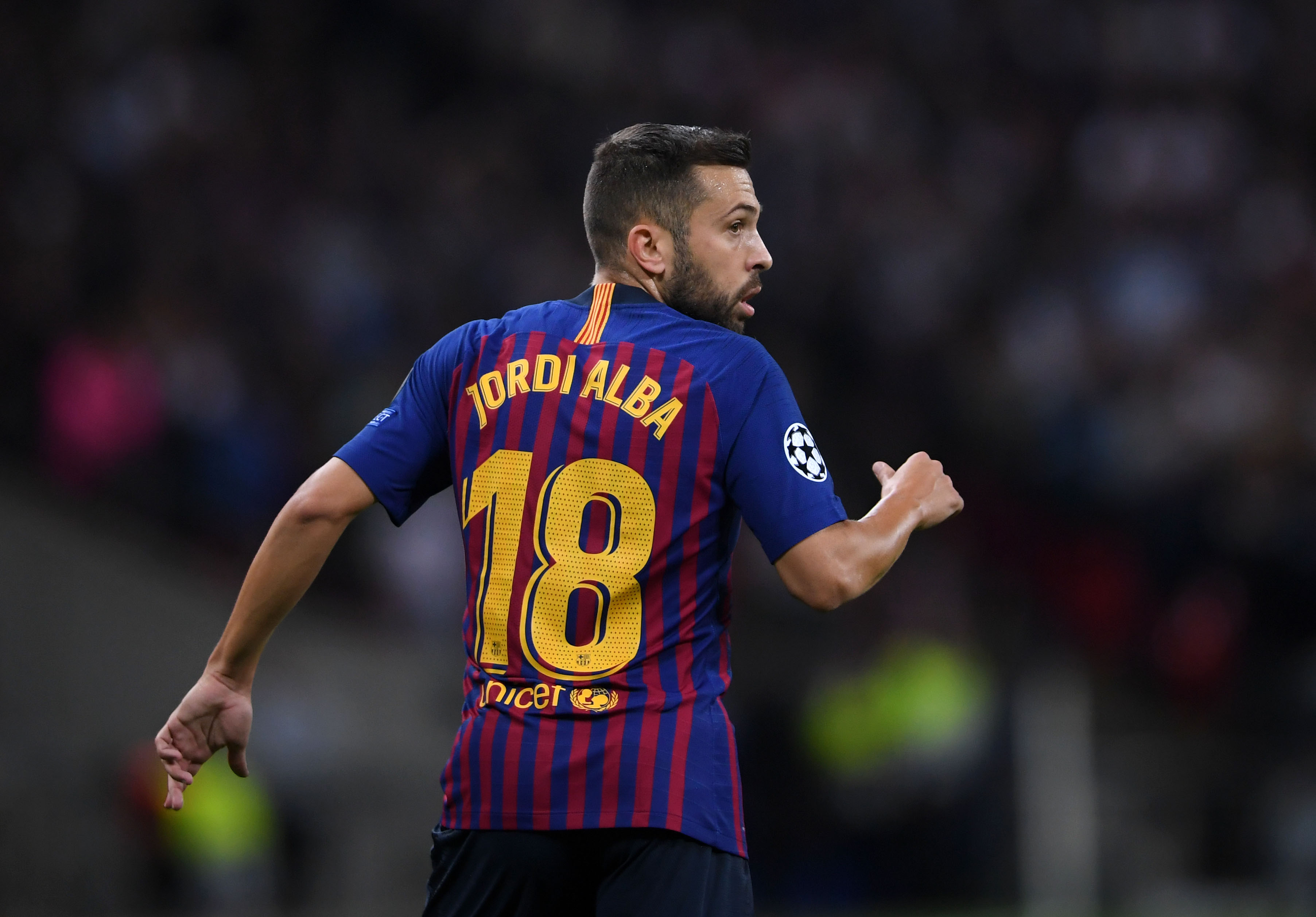 LONDON, ENGLAND - OCTOBER 03: Jordi Alba of FC Barcelona looks on during the Group B match of the UEFA Champions League between Tottenham Hotspur and FC Barcelona at Wembley Stadium on October 03, 2018 in London, United Kingdom. (Photo by Laurence Griffiths/Getty Images)