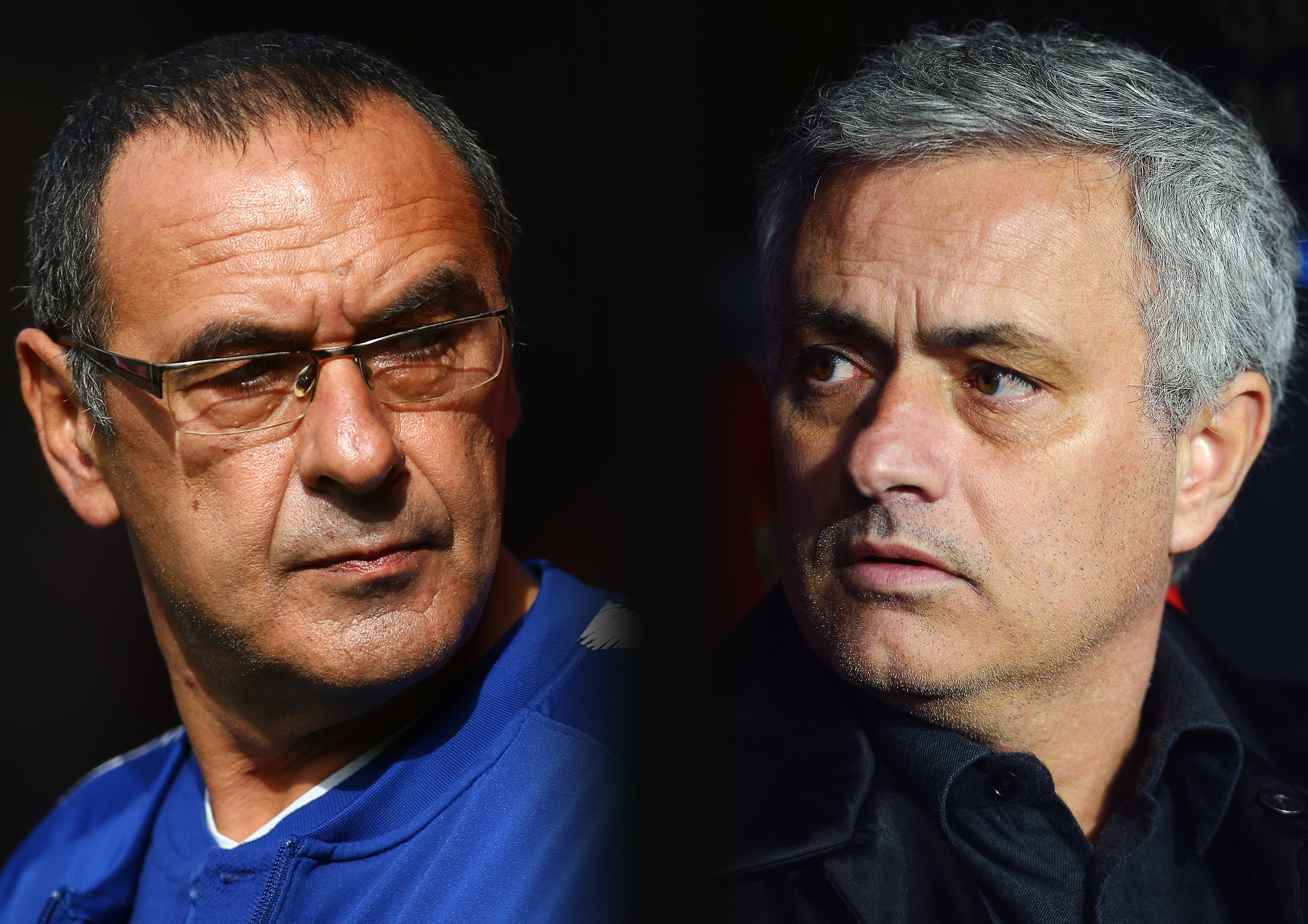 FILE PHOTO (EDITORS NOTE: COMPOSITE OF IMAGES - Image numbers 1047091738,922326746 - GRADIENT ADDED) In this composite image a comparison has been made between Maurizio Sarri, Manager of Chelsea (L) and Jose Mourinho, Manager of Manchester United. Chelsea FC and Manchester United meet in a Premier league fixture on October 20, 2018 at Stamford Bridge,London.***LEFT IMAGE***  SOUTHAMPTON, ENGLAND - OCTOBER 07: Maurizio Sarri, Manager of Chelsea looks on prior to the Premier League match between Southampton FC and Chelsea FC at St Mary's Stadium on October 7, 2018 in Southampton, United Kingdom. (Photo by Jordan Mansfield/Getty Images) ***RIGHT IMAGE***  SEVILLE, SPAIN - FEBRUARY 21: Jose Mourinho, Manager of Manchester United looks on during the UEFA Champions League Round of 16 First Leg match between Sevilla FC and Manchester United at Estadio Ramon Sanchez Pizjuan on February 21, 2018 in Seville, Spain. (Photo by Aitor Alcalde/Getty Images)