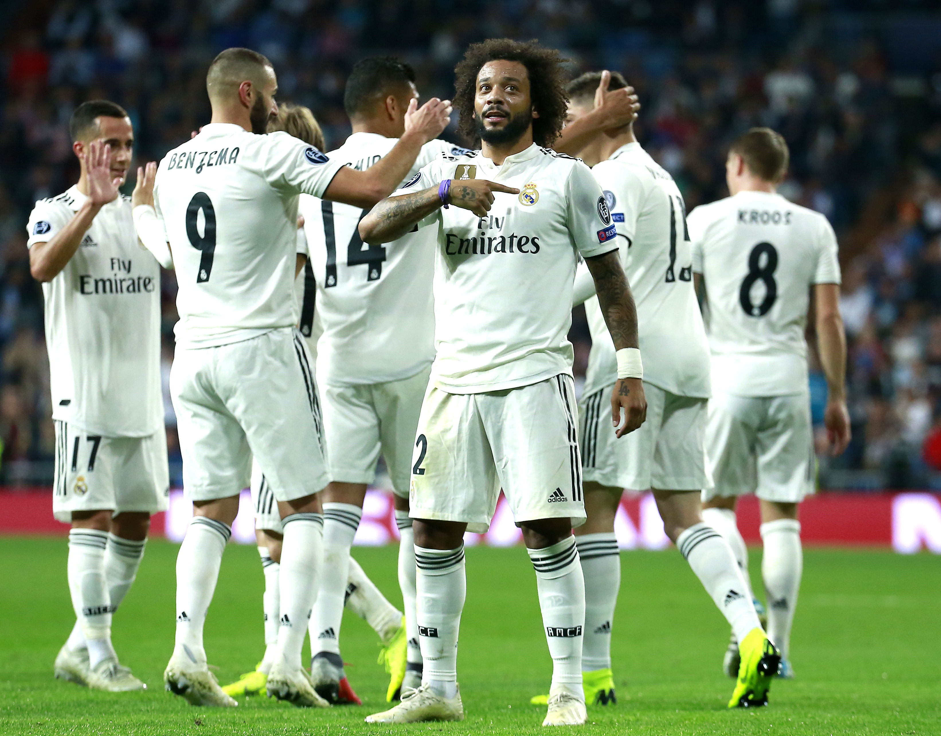 MADRID, SPAIN - OCTOBER 23:  Marcelo of Real Madrid celebrates after scoring his team's second goal during the Group G match of the UEFA Champions League between Real Madrid  and Viktoria Plzen at Bernabeu on October 23, 2018 in Madrid, Spain.  (Photo by Gonzalo Arroyo Moreno/Getty Images)