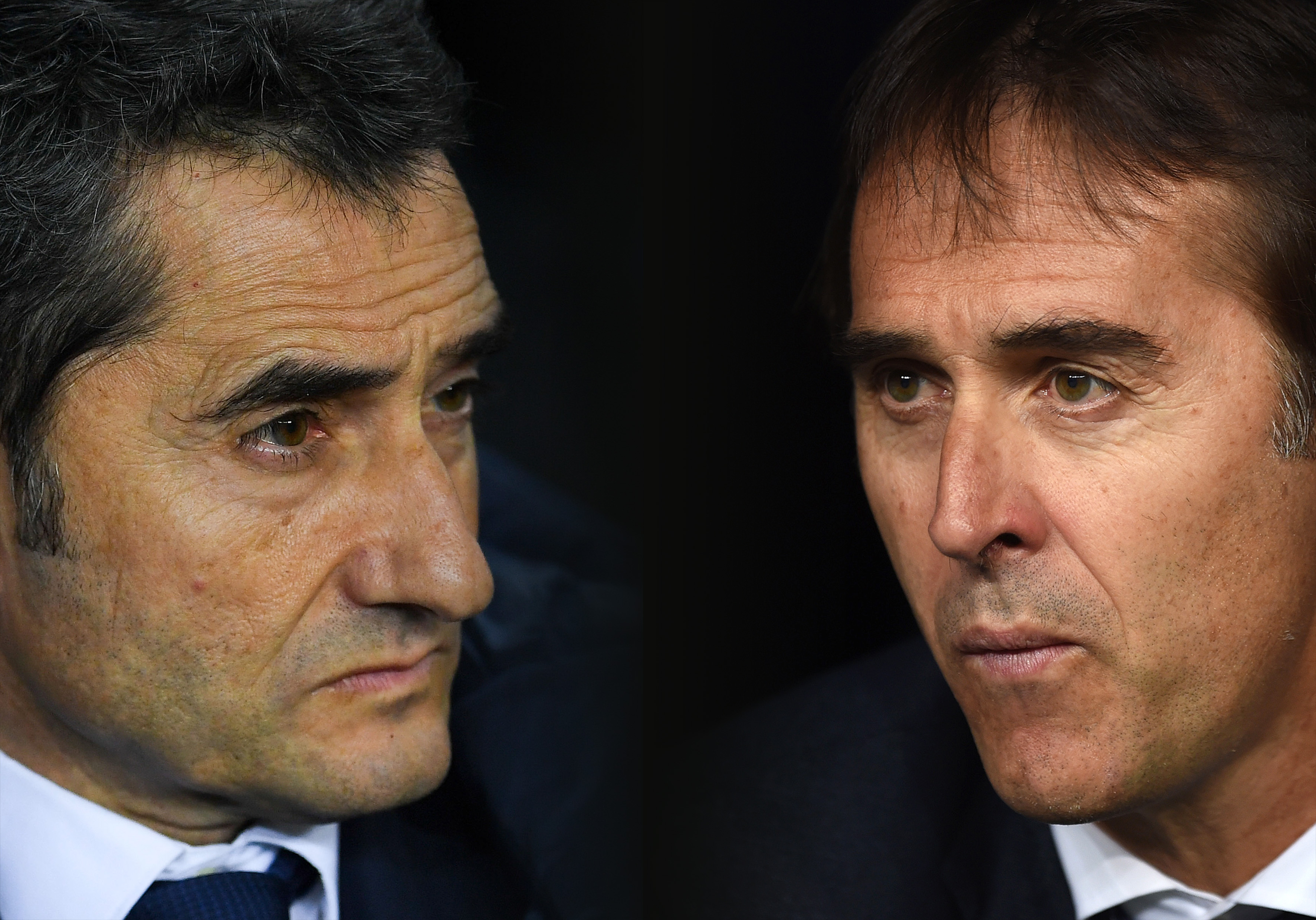 FILE PHOTO (EDITORS NOTE: COMPOSITE OF IMAGES - Image numbers 904100134,1038040072 - GRADIENT ADDED) In this composite image a comparison has been made between Head coach Ernesto Valverde of FC Barcelona  (L) and  Julen Lopetegui, head coach of Real Madrid. Barcelona and Real Madrid  meet in the first El Clásico of the season on October  28, 2018 in Barcelona,Spain. ***LEFT IMAGE*** BARCELONA, SPAIN - JANUARY 11: Head coach Ernesto Valverde of FC Barcelona looks on during the Copa del Rey round of 16 second leg match between FC Barcelona and Celta de Vigo at Camp Nou on January 11, 2018 in Barcelona, Spain. (Photo by David Ramos/Getty Images) ***RIGHT IMAGE*** MADRID, SPAIN - SEPTEMBER 22: Julen Lopetegui, head coach of Real Madrid looks out from the bench before the start of the La Liga match between Real Madrid CF and RCD Espanyol at Estadio Santiago Bernabeu on September 22, 2018 in Madrid, Spain. (Photo by Denis Doyle/Getty Images,)
