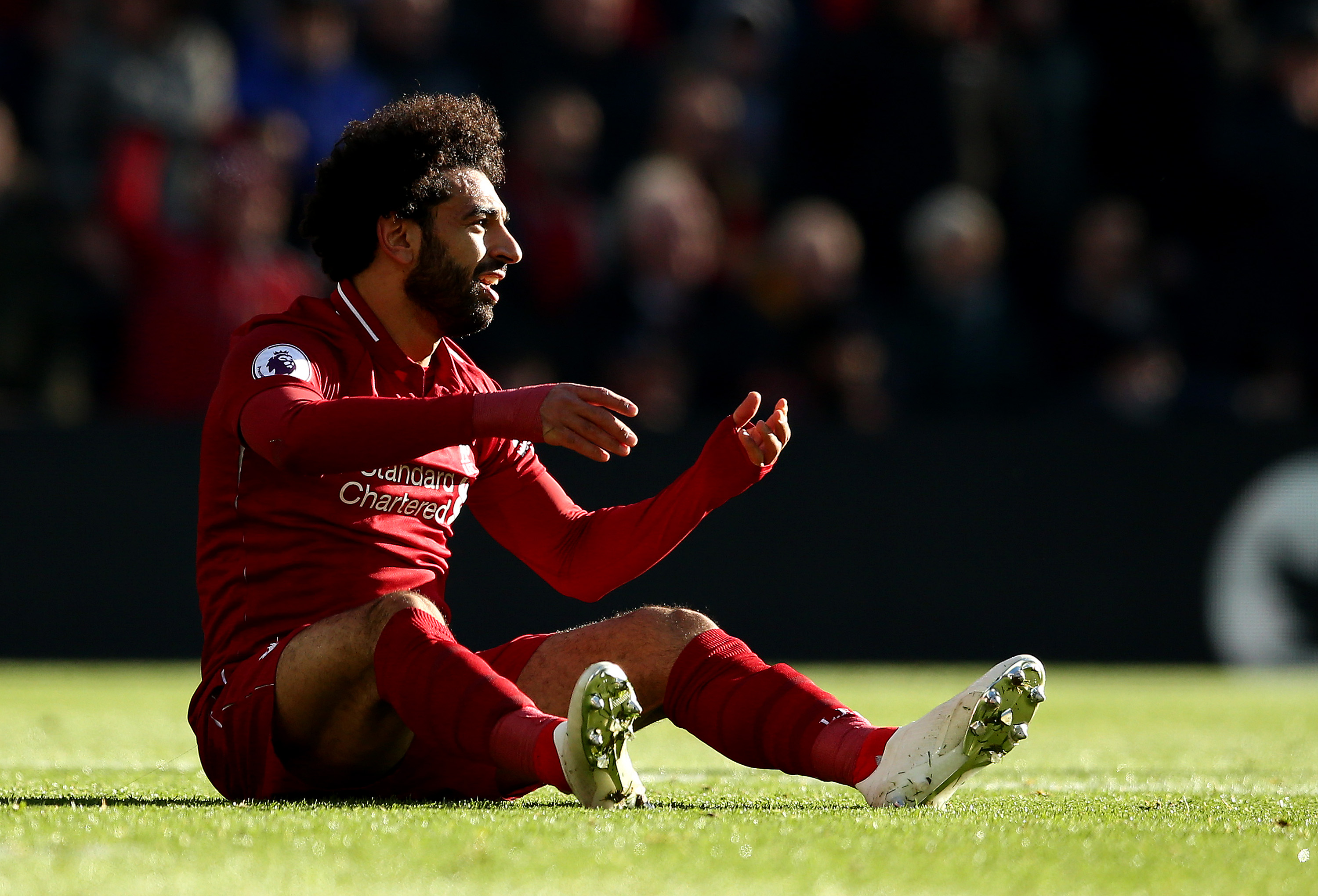 LIVERPOOL, ENGLAND - OCTOBER 27:  Mohamed Salah of Liverpool reacts during the Premier League match between Liverpool FC and Cardiff City at Anfield on October 27, 2018 in Liverpool, United Kingdom.  (Photo by Jan Kruger/Getty Images)